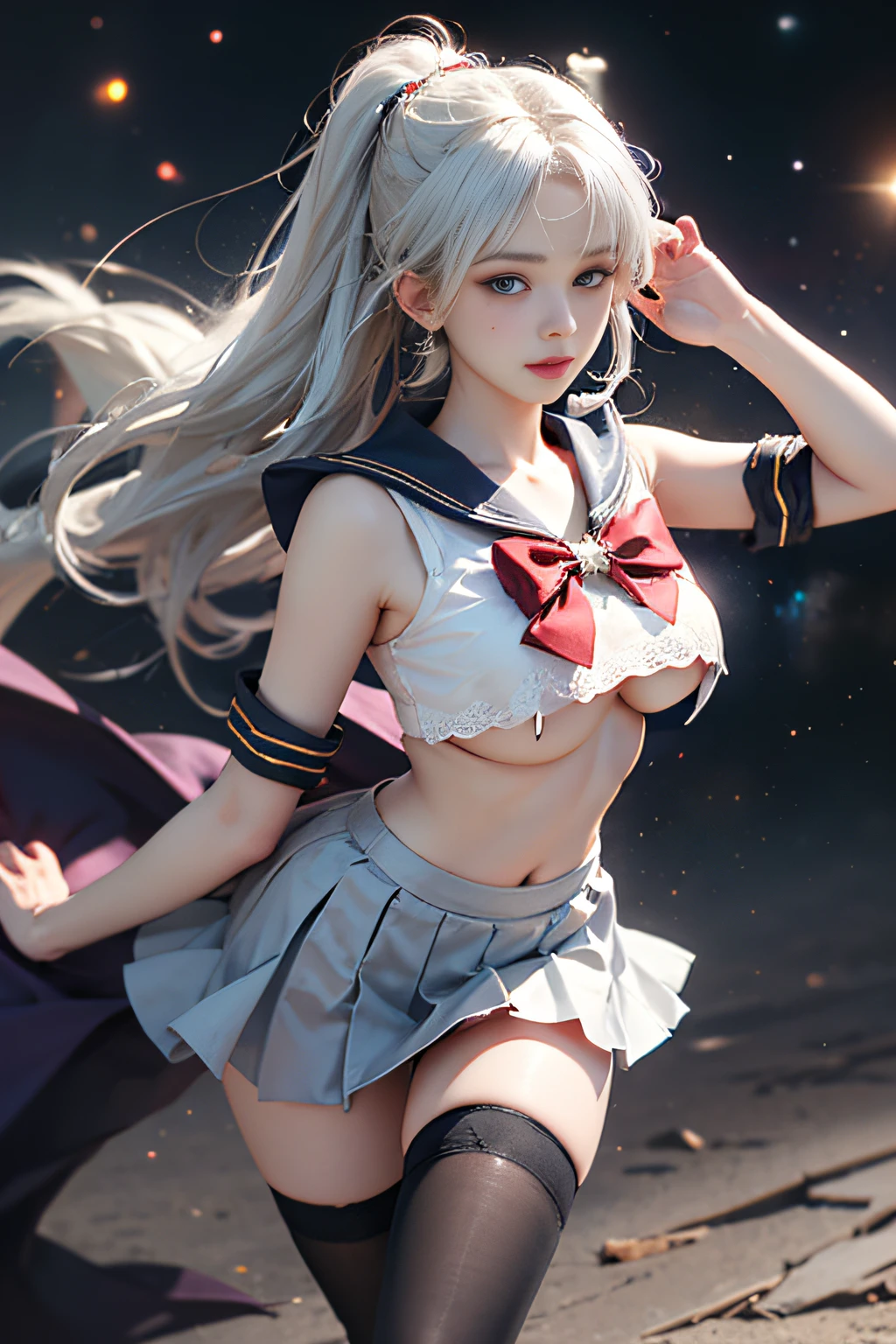 masterpiece、ful:1.3、stands、8K、。.。.。.。.。.。.。.。.。.。.3D、realisitic、Ultra Micro Photography、top-quality、Wallpapers with extreme details CG Unity 8K、frombelow、intricate detailes、(1 rapariga)、Flowing in the wind,dynamicposes,dynamic ungle,((White sailor、Red big bow tie))、(Outline of the iris, Details of face:1.5、Bright blue eyes、Beautiful expression、beautidful eyes、shinny eyes、thin lipss:1.5、thin and sharp pale eyebrows,、long dark eyelashes、Double eyelashes、Thin, thin and muscular,,,,,,,,,,,,a small face、perfectly proportions、big breasts thin waist、Visible Pore、Young Face、Sad look,seducting smile、perfect hand:1.5、Very thin、Fits well、octan render、highly dramatic picture、Strong natural light、sunlights、exquisite lighting and shadow、Digital SLR、foco nítido: 1.0、Maximum clarity and sharpness、((kosmos:1.3,Saturn:1.5、Saturn ring:1.5、The sanctity of destruction and birth,cosmic background、rays of moonlight、Dynamic backgrounds、细致背景)),(a sailor suit)、(skirt rift:1.8)、(masterpiece、top-quality、hyper pretty face、write、zettai ryouiki、thighs thighs thighs thighs、see the beholder:1.4)、Super beautiful girl、gardeniass、8K、EF 50mm、Official art、Raw photo、absurderes、frombelow、is standing、(sad、angry:0.5)、 slender、Small waist、Thin arms、breasts of medium size,、face lights、Soft lighting、Warm colors、film grains、chromatic abberation、foco nítido、naturey、Frankness、extremely detailed eye and face、(、bokeh dof、blured background、White lace panties:1.2)(8K、RAW Photos、top-quality、masterpiece:1.2)、(realisitic、Photorealsitic:1.37)、1Beautiful Japan High School Girl、perfect bodies、20yr old、Medium Boob、(Light shines on the face and chest)、(((((underboob)))))、Lower breast、Oily skin、skinny、 (Sexy uniform with a slight view of the underside of the chest)、(Visible lower milk、Uniform with navel and ribs visible)、Super Ultra Mini Skirt with visible hipbones and lower abdomen , (Nebula background), (Full body shot), 1girl in, Solo, (European youth:1), Red sailor collar, Dark blue pleated skirt, ((Golden white hair、Straight hair,poneyTail)), (Purple eyes:1), Beautiful face, Highly detailed face, Highly detailed eyes, highly detailedskin, Skin pores, Subsurface scattering, Realistic pupils, Full face blush, Full lips, Detailed background, depth of fields, Volumetric lighting, Sharp Focus,