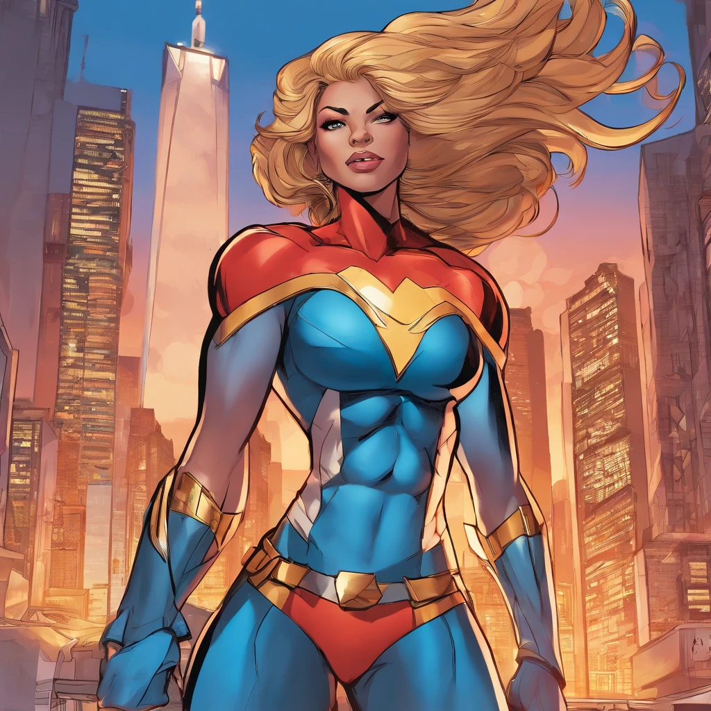 (mulher-maravilha,supeoutfit),belos olhos detalhados,beautiful detailed lips,long eyeslashes,confiante,forte,atletic,corpo,heroine,cabo,indomitable,superstrength,voador,Capacitar,feroz,Superheroíne,corajoso,Tiara dourada,Pose forte,saia azul,Top vermelho e dourado,cores vibrantes,Comic book style,desenho a tinta digital,sombra e luz,heroic,escudo,Super poderes,Postura forte,vigilante,fundo da paisagem urbana,action-packed,parafusos de energia,iconic,velocidade sobre-humana,Inspirador,Poderoso,best quality,ultra-detalhado,fotorrealista,vivid colors