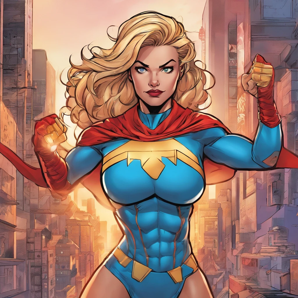 An extremely muscular female Omni-Man from Invincible, with detailed blonde hair, captivating blue eyes, and a strong jawline, standing against a backdrop of a vibrant cityscape at twilight. She is wearing a form-fitting superhero costume, showcasing her well-defined muscles and emphasizing her powerful physique. The costume has intricate metallic details and a red, blue, and gold color scheme. The lighting accentuates the highlights on her muscular body, creating a striking contrast. The artwork is created using a combination of digital painting and 3D rendering techniques, giving it a realistic and visually stunning appearance. The overall image quality is of the highest standard, with an emphasis on ultra-detailed features, vivid colors, and sharp focus. The composition and perspective showcase the strength and determination of the female Omni-Man, capturing a sense of awe and inspiration. This artwork combines the aesthetics of comic book illustrations and portrait photography, resulting in a captivating and dynamic representation of the character.