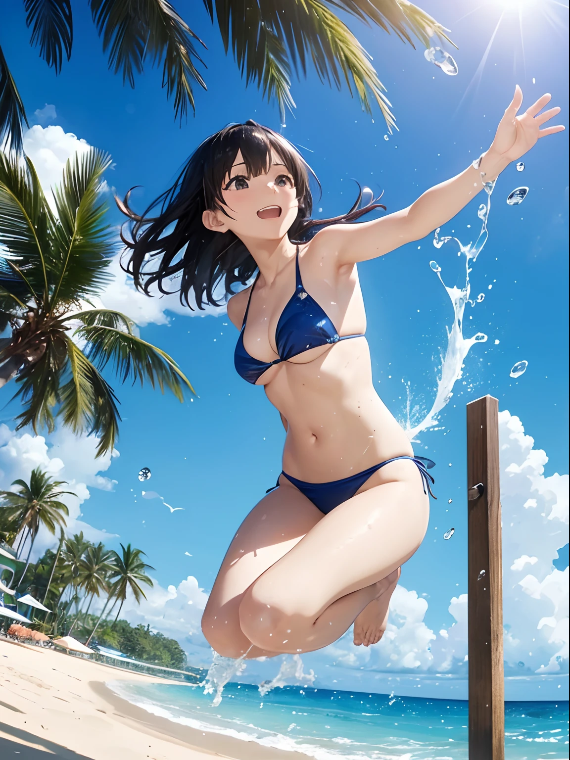 masutepiece、Ultra-high definition animation quality、8K、Summer Sea、sand beach、shores、the beach、guido、Bolides、2 women、swim wears、The bikini、splash water、college aged、Happy、jumpping、low  angle shot、Blue sky spreads out