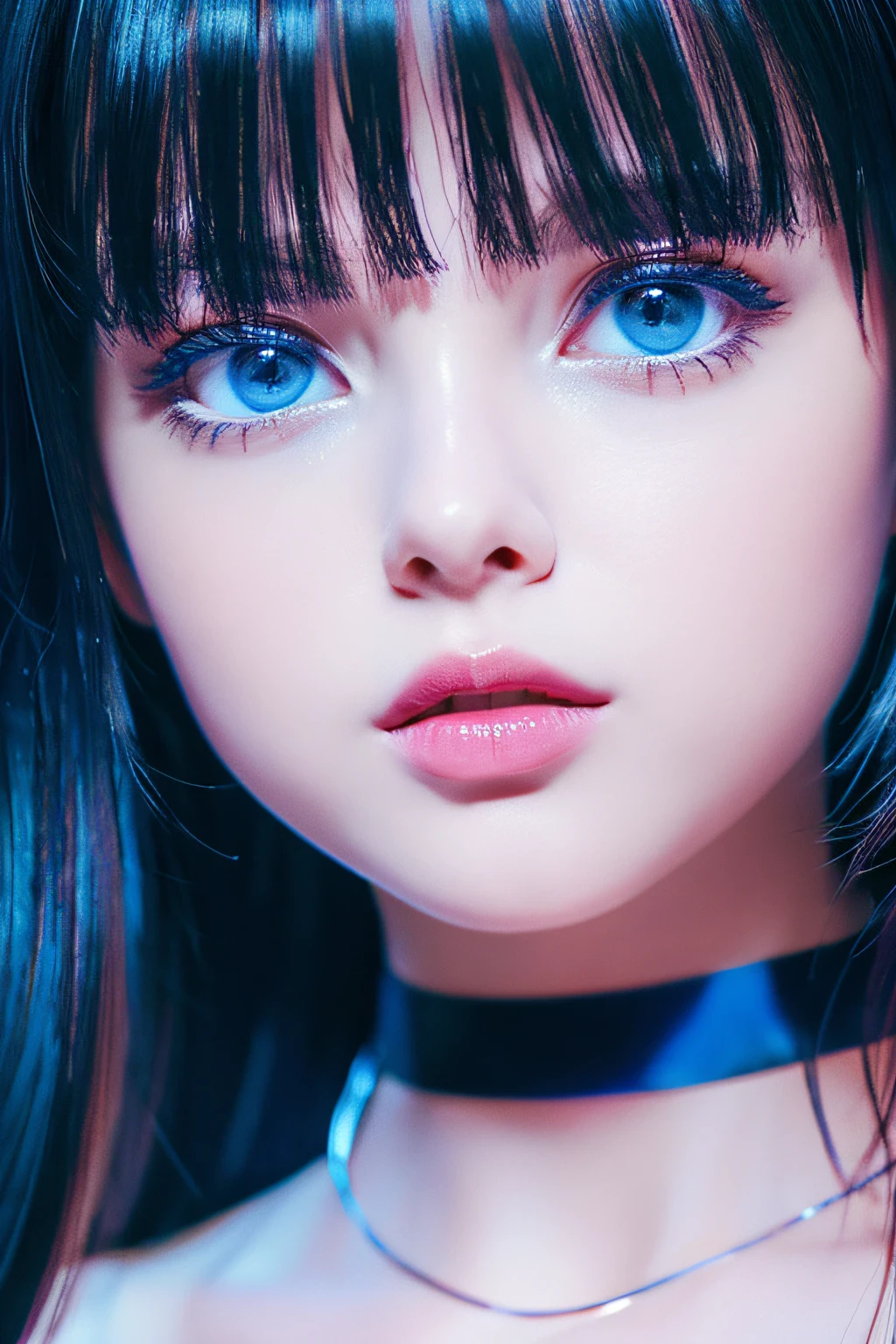 8K Wallpaper, masutepiece, Movie Lighting, Best Quality, Illustration, Dramatic Angle, ((Color: 1.1)), ((Color Inner Hair: 1.4)), 1girl in, Solo, Long hair, Water, Blue eyes, Black glasses, Choker, Parted lips, White choker, liquid hair, Black hair, Bangs, From Side, Side, upper body