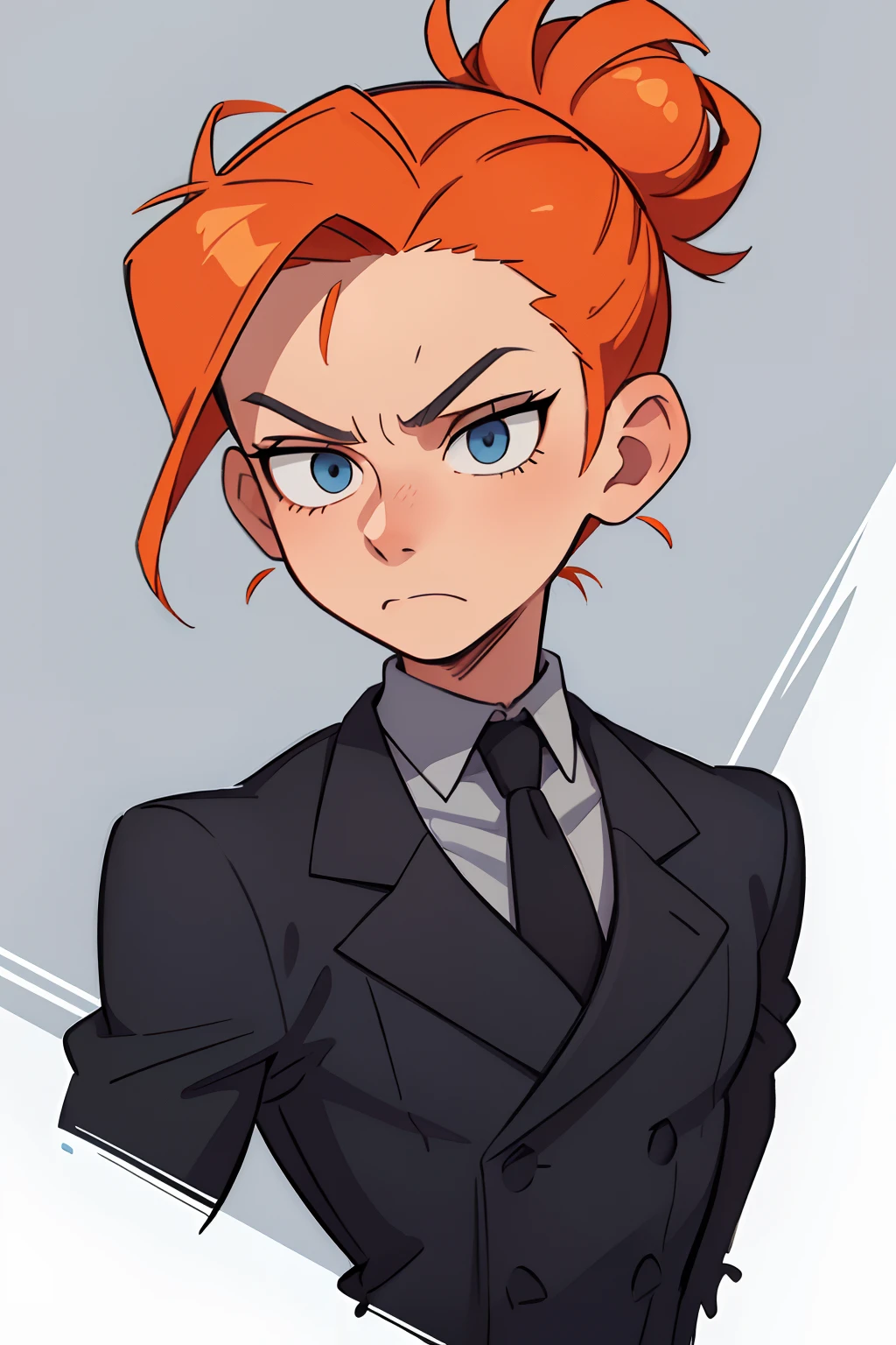 ((best quality, masterpiece)), young man, tall, orange hair in a bun, two white strands, cheekbones, grey-blue eyes, grey shirt, black tie, black coat, long below eyelashes, strong