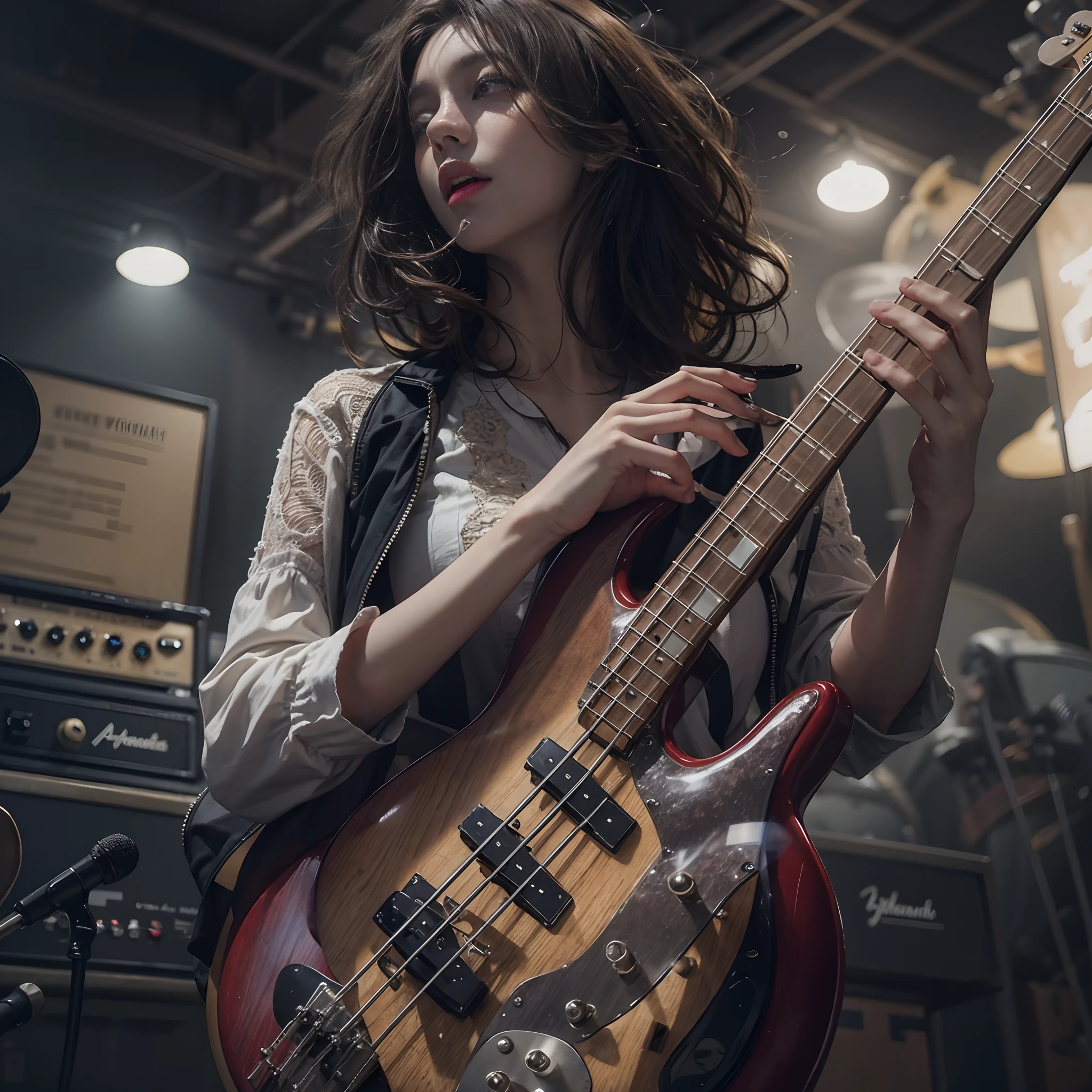 Woman playing bass live、brunette disheveled hair、Intricate 4-string bass:1.2、Anatomically correct fingers、Fender Precision Base、Only one base、