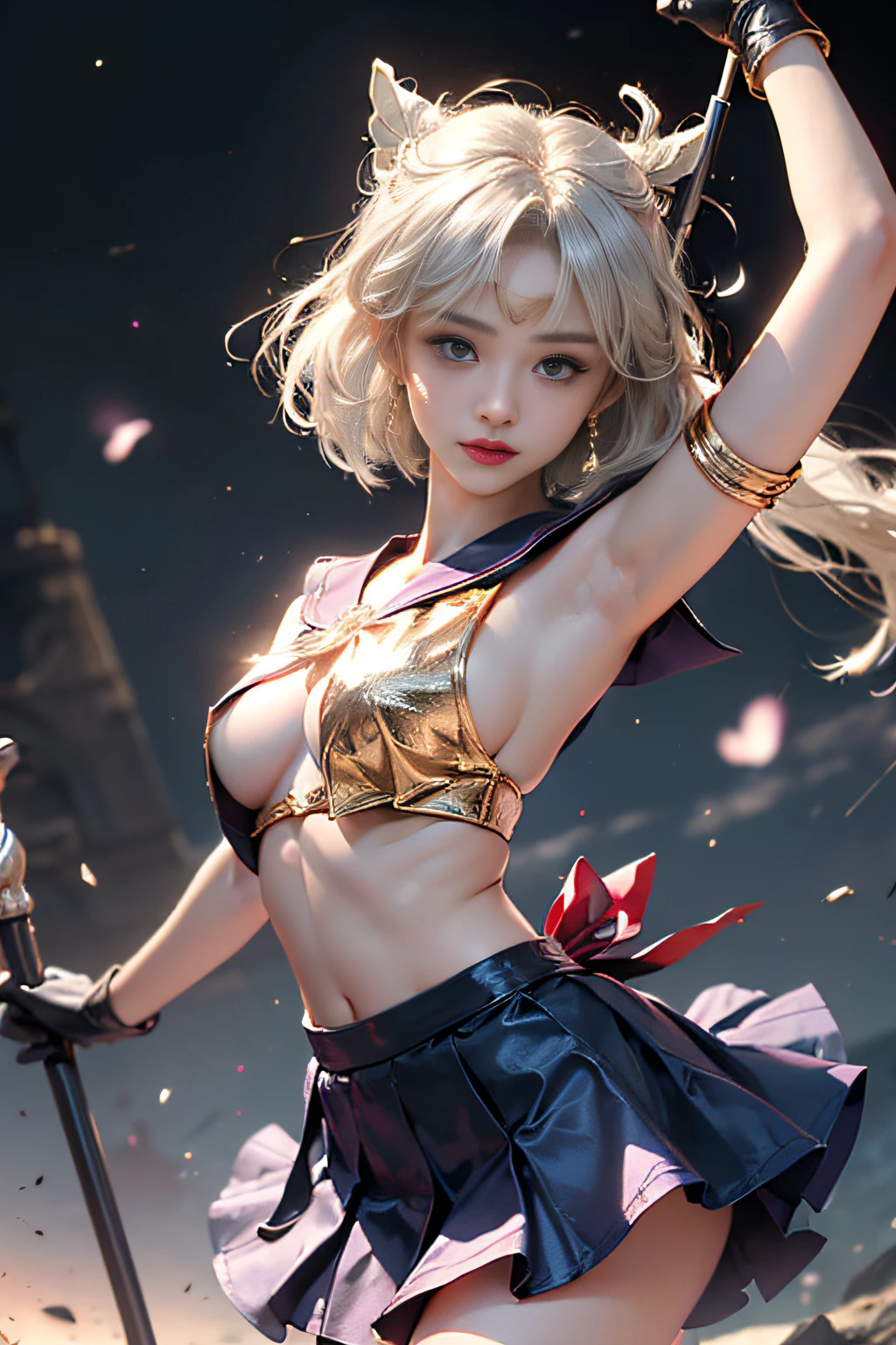 ​masterpiece、ful:1.3、stands、8K、。.。.。.。.。.。.3D、realisitic、Ultra Micro Photography、top-quality、Wallpapers with extreme details CG Unity 8K、frombelow、intricate detailes、(1 rapariga)、13years、Sailor Saturn:1.5,Hotaru Tsuchimoto:1.5,Sailor Senshi Uniform:1.2、Dark purple hair、Bob-cut hair fluttering in the wind,Sexy and dynamic model poses,dynamicposes,dynamic ungle、((Big long spear,battoujutsu stance,arma,Big sickle,Popol Weapon:1.2 )),(Purple sailor color,Purple pre-gate mini skirt:1.3、Purple Pleated Mini Skirt:1.3、very large red bow on the chest,,,,,,,,,,,,,,Very big red bow on the buttocks,,、Long white latex gloves,Purple gloves on elbows、Luxurious Golden Tiara、耳Nipple Ring,)、(Outline of the iris, Details of face:1.5、Bright blue eyes、Beautiful expression、beautidful eyes、shinny eyes、thin lipss:1.5、thin and sharp pale eyebrows,、long dark eyelashes、Double eyelashes、Luxurious Golden Jewelry、Thin, thin and muscular,,,,,,,,a small face、tiny chest、小柄,perfectly proportions、big breasts thin waist、Visible Pore、Young Face、Sad look,seducting smile、perfect hand:1.5、Very thin、Fits well、octan render、highly dramatic picture、Strong natural light、sunlights、exquisite lighting and shadow、Digital SLR、foco nítido: 1.0、Maximum clarity and sharpness、((kosmos:1.3,Saturn:1.5、Saturn ring:1.5、The sanctity of destruction and birth,cosmic background、rays of moonlight、Dynamic backgrounds、细致背景)),(meishaonv,tiarra,Gold tiara on forehead,a sailor suit)、(skirt rift:1.8)、(​masterpiece、top-quality、hyper pretty face、write、zettai ryouiki、thighs thighs thighs thighs、see the beholder:1.4)、Super beautiful girl、gardeniass、8K、EF 50mm、Official art、Raw photo、absurderes、frombelow、is standing、(sad、angry:0.5)、 slender、Small waist、Thin arms、breasts of medium size,、face lights、Soft lighting、Warm colors、film grains、chromatic abberation、foco nítido、naturey、Frankness、extremely detailed eye and face、(、bokeh dof、blured background、White lace panties:1.2)(8K、RAW Photos、top-quality、​masterpiece:1.2)、(realisitic、Photorealsitic:1.37)、１Beautiful Japan High School Girl、perfect bodies、20yr old、Sexy Girl Sailor Suit Costume、Medium Boob、(Light shines on the face and chest)、(((((underboob)))))、Lower breast、Oily skin、skinny、 (Sexy uniform with a slight view of the underside of the chest)、(Visible lower milk、Uniform with navel and ribs visible)、Super Ultra Mini Skirt with visible hipbones and lower abdomen , (Nebula background), (Full body shot), 1girl in, Solo, (European youth:1), Sailor Saturn, Sailor Senshi Uniform, Red sailor collar, Dark blue pleated skirt, ((Golden white hair、Straight hair,poneyTail)), (Purple eyes:1), Beautiful face, Highly detailed face, Highly detailed eyes, highly detailedskin, Skin pores, Subsurface scattering, Realistic pupils, Full face blush, Full lips, Detailed background, depth of fields, Volumetric lighting, Sharp Focus,