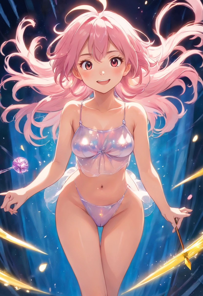 (masterpiece), (best quality), (ultra detailed),(disheveled hair),(illustration), (1girl),(),japnese idol,smile, looking at viewer, (interview),magic wand, (magic city),beautiful detailed eyes, delicate beautiful face, Floating,(high saturation),(colorful splashes),(shining), focus on face, ahoge, kamisato ayaka, light pink hair, hair ring,medium hair, (shining), best lighting, best shadow, ,standing, spread legs, completely naked, pubic hair, medium size breasts, full body naked, camera shoot from down below