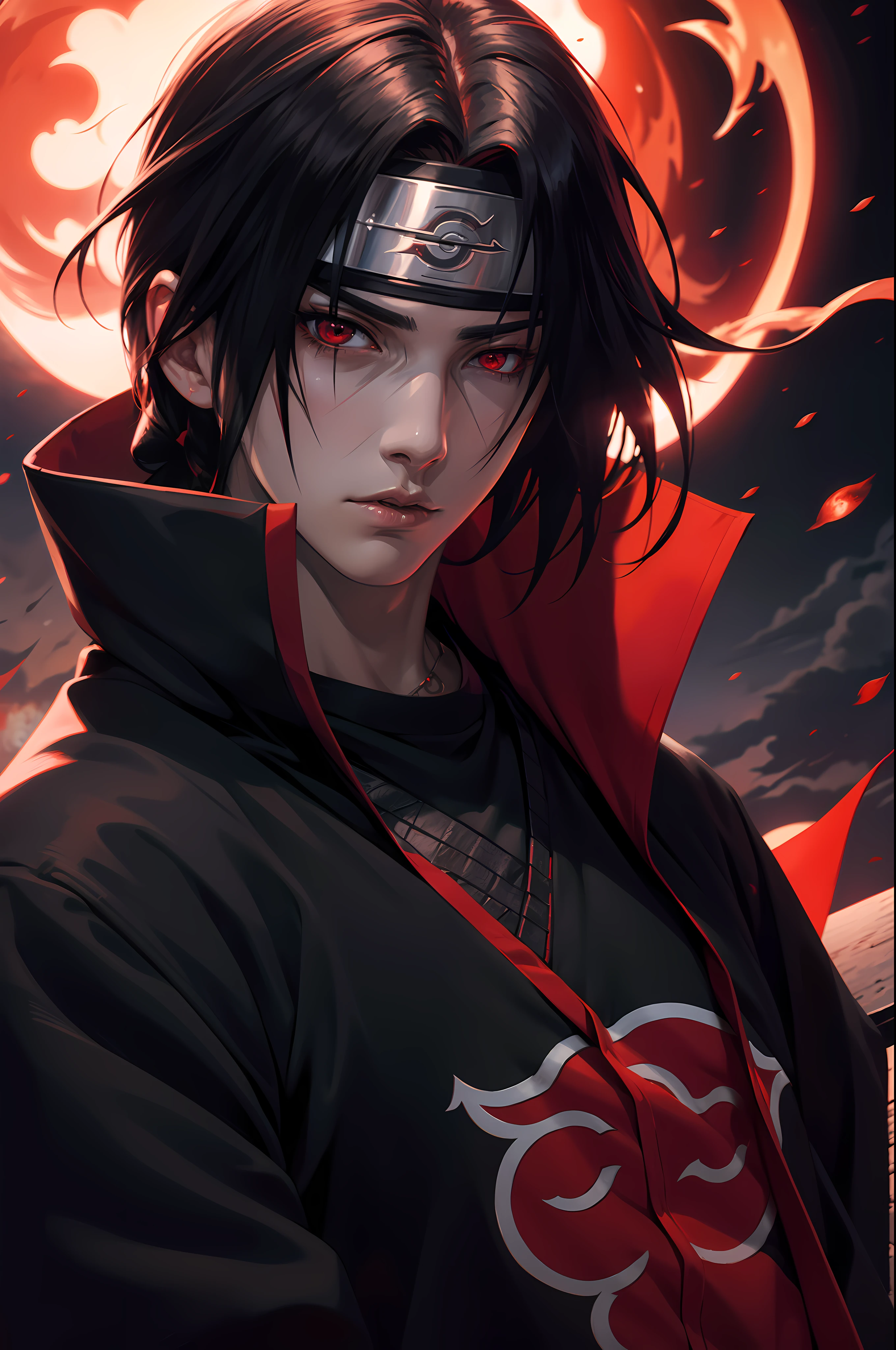 (absurdres, highres, ultra detailed),(Masterpiece, best quality:1.2),1man, Itachi, wearing akatsuki clothing, surrounded by clothes,red eyes,glowing red eyes,eye glare,looking at the viewer,Close up shot,long hair, masculine face,handsome