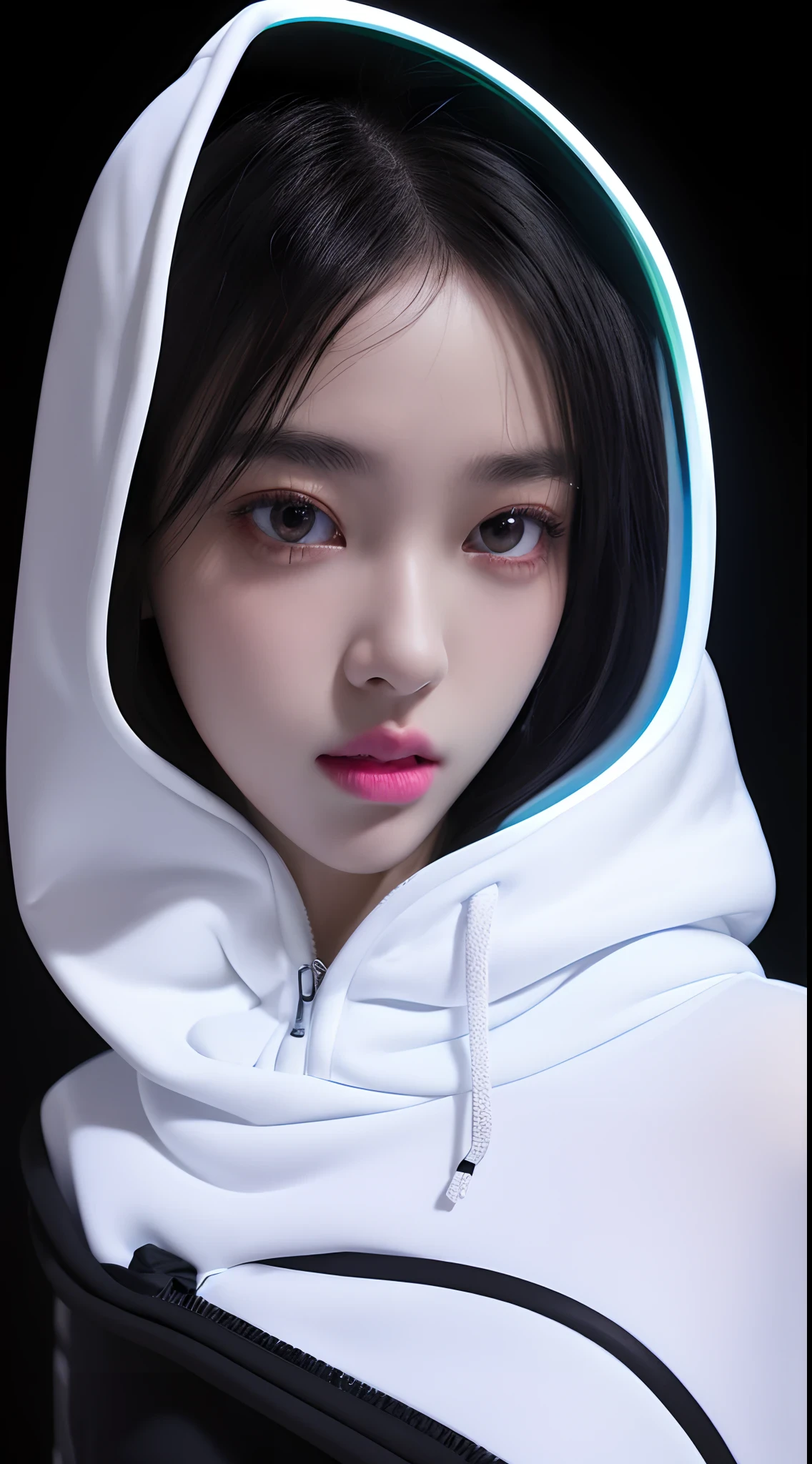 best quality,ultra-detailed,realistic,portrait, HDR, vivid colors, professional, girl model, full-length mirrored plastic hoodie, (((dark background))), white neon lights, UHD, 16k