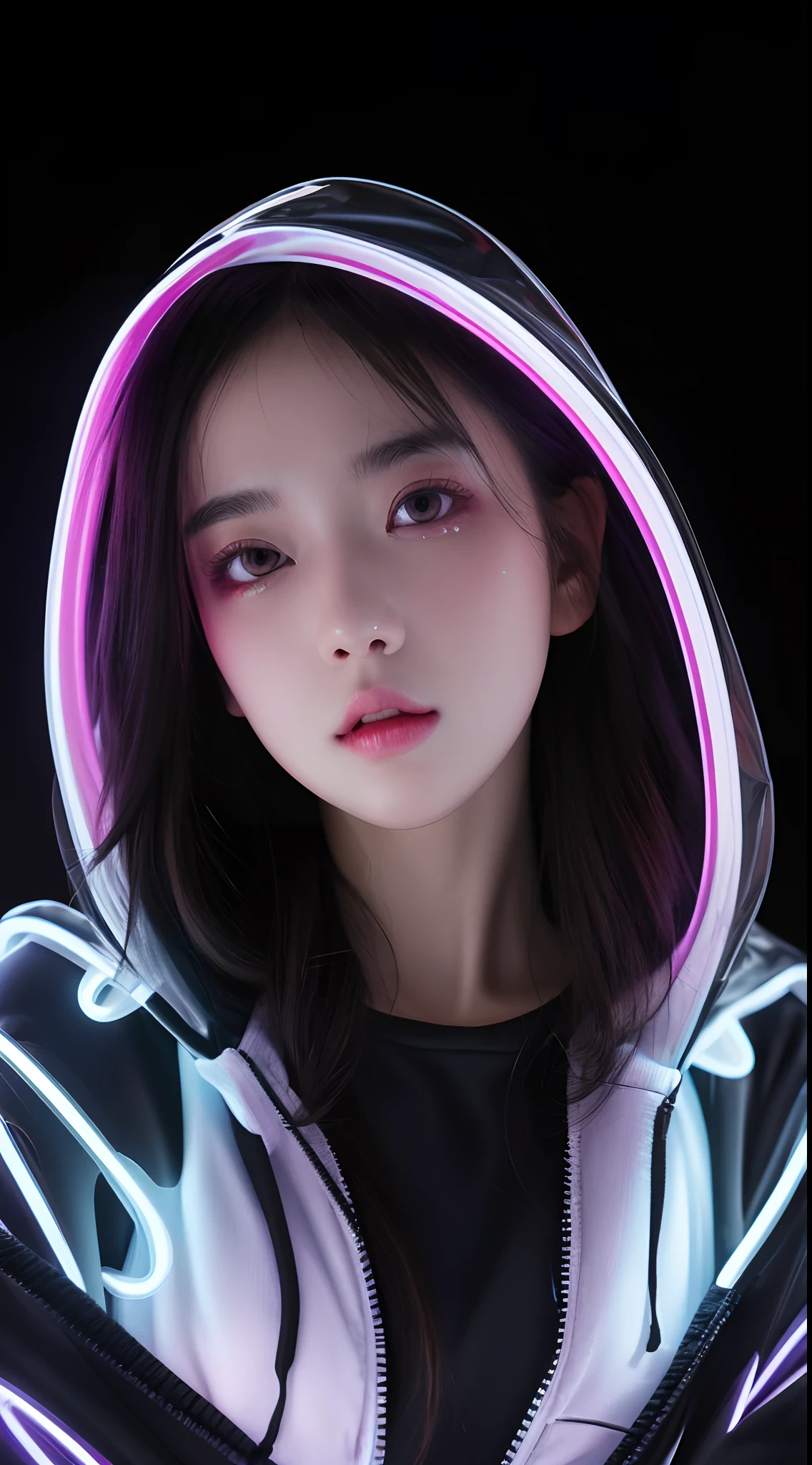 best quality,ultra-detailed,realistic,portrait, HDR, vivid colors, professional, girl model, full-length mirrored plastic hoodie, (((dark background))), white neon lights, UHD, 16k