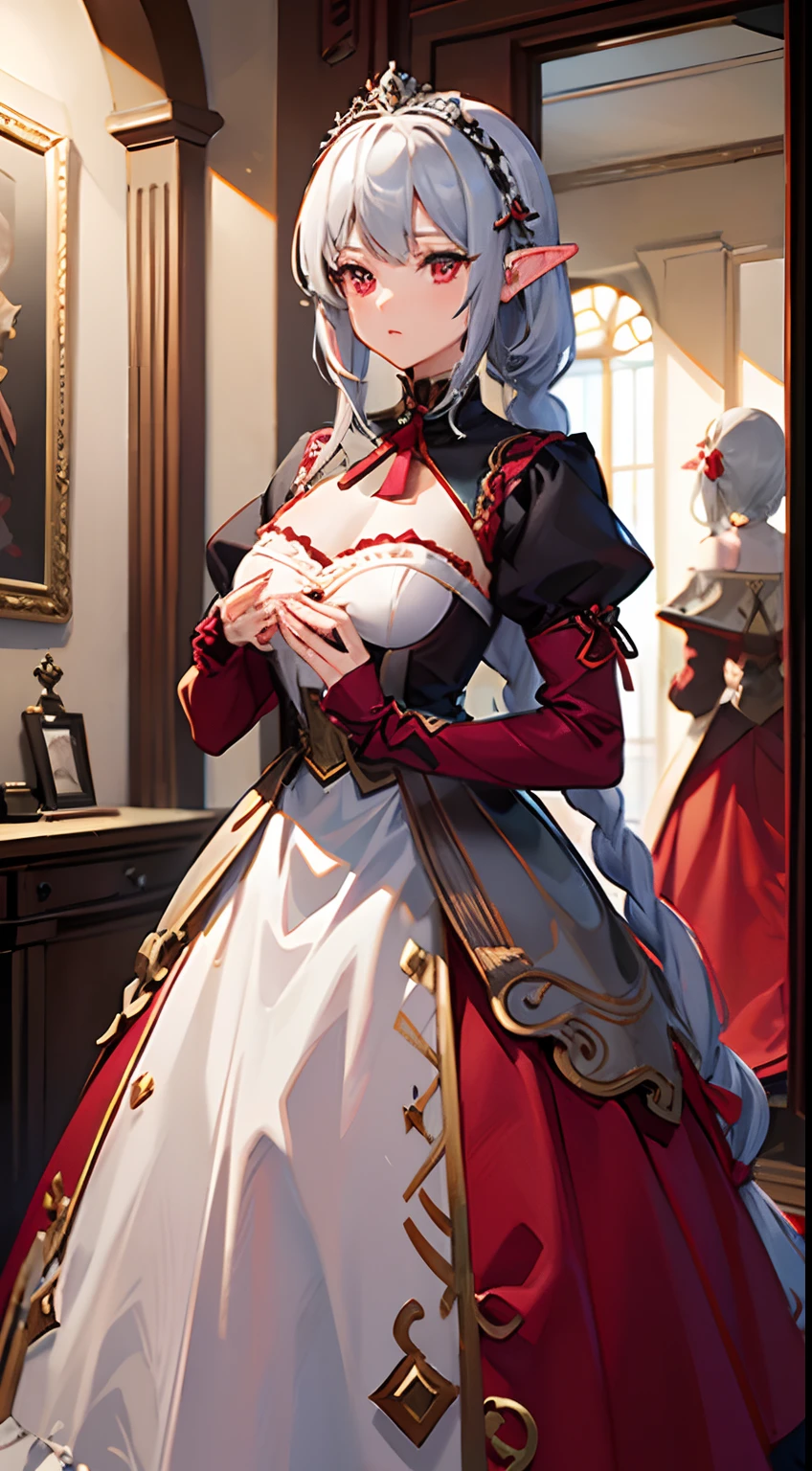 ((Put your hands on your chest)), (surprised)), (Red face), 1 girl, Elf, Silver hair, Red eyes, Braid hair, Bob cut, Princess, Medieval dress, Long skirt, Ruffles, Indoors, Mirror, TS, Concept art, Beautiful anime scene, Beautiful anime scenery, Best quality, Masterpiece, 4K
