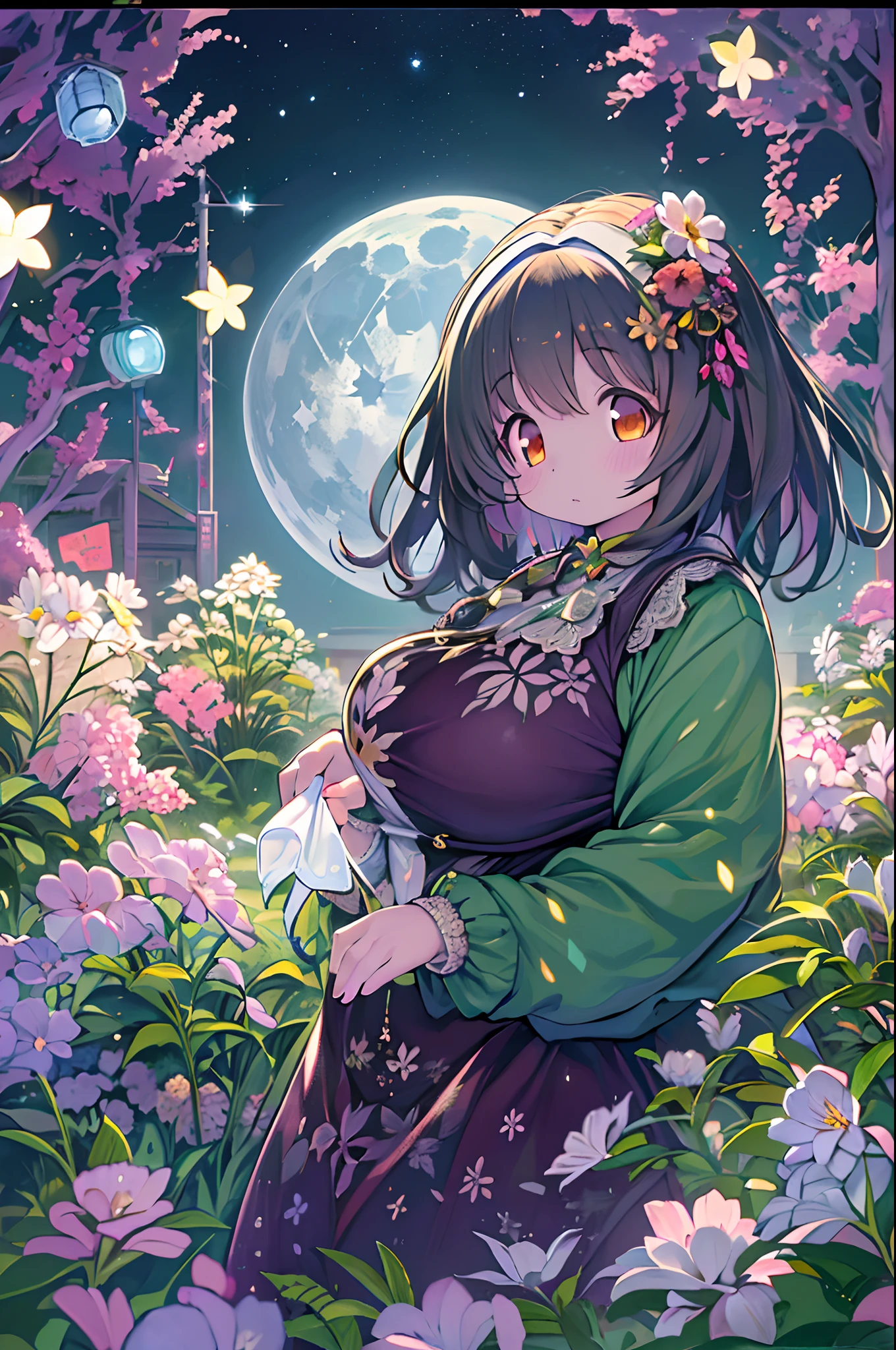 of the highest quality, high_resolution, Distinct_image, Detailed background, girl, flower, garden, Starry sky,、Huge chubby、Ultramammy、Under the full moon