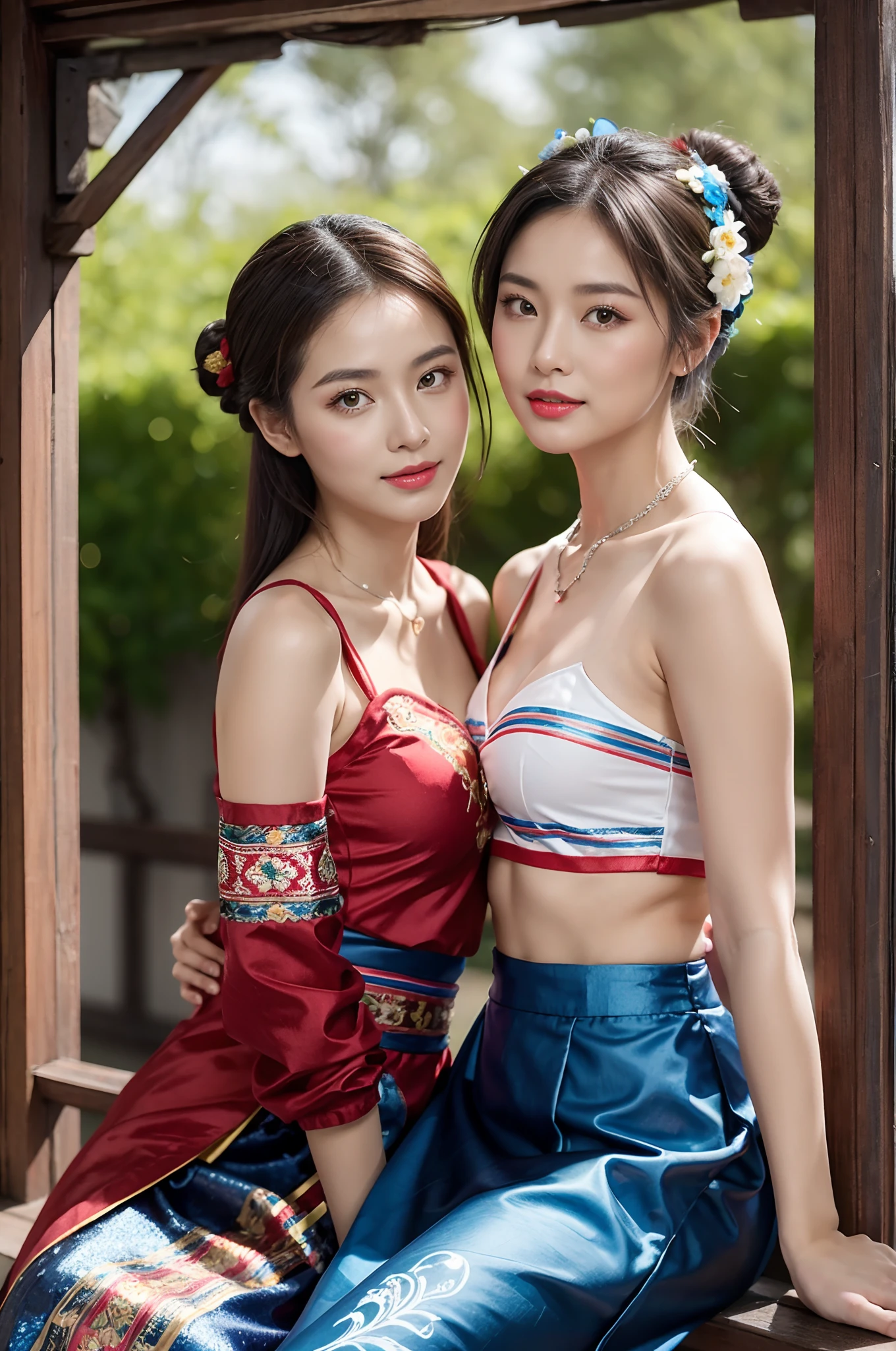 high-level image quality、closeup portrait:1.4,detailed faces,Like a shot with an SLR、Sensual body,thighs、slit、Painting a work of art depicting two women in a tanslucent traditional cheongsam sitting together,duo,((sisterhood)),front view,rendering by octane, hdr,leering:1.3,topknots,hairbuns,Chinese hair ornament:1.4,Chinese hairpins:1.4,Chinese hairsticks:1.4,Fireflies, night, starry sky, jewelry,light particles, (fantasy: 1.2), stars, fantasy,