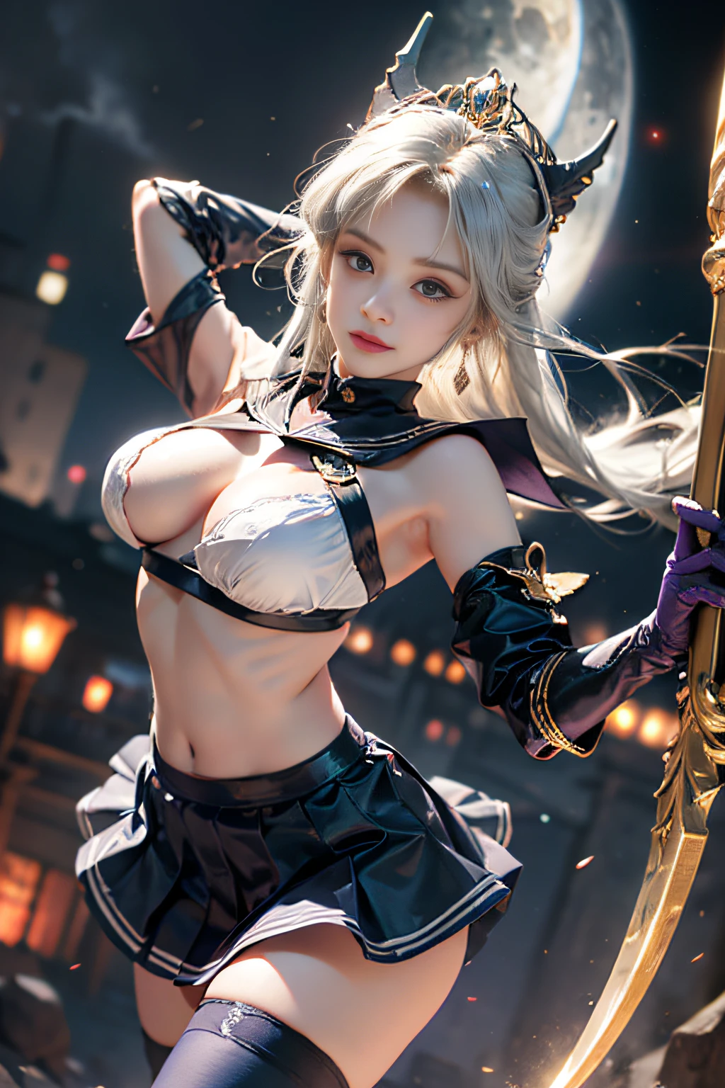masterpiece、ful:1.3、stands、8K、。.。.。.。.。.。.3D、realisitic、Ultra Micro Photography、top-quality、Wallpapers with extreme details CG Unity 8K、frombelow、intricate detailes、(1 rapariga)、13years、Sailor Saturn:1.5,Hotaru Tsuchimoto:1.5,Sailor Senshi Uniform:1.2、Dark purple hair、Bob-cut hair fluttering in the wind,Sexy and dynamic model poses,dynamicposes,dynamic ungle、((Big long spear,battoujutsu stance,arma,Big sickle,Popol Weapon:1.2 )),(Purple sailor color,Purple pre-gate mini skirt:1.3、Purple Pleated Mini Skirt:1.3、very large red bow on the chest,,,,,,,,,,,,,,Very big red bow on the buttocks,,、Long white latex gloves,Purple gloves on elbows、Luxurious Golden Tiara、耳Nipple Ring,)、(Outline of the iris, Details of face:1.5、Bright blue eyes、Beautiful expression、beautidful eyes、shinny eyes、thin lipss:1.5、thin and sharp pale eyebrows,、long dark eyelashes、Double eyelashes、Luxurious Golden Jewelry、Thin, thin and muscular,,、Visible Pore、Young Face、Sad look,seducting smile、perfect hand:1.5、foco nítido: 1.0、Maximum clarity and sharpness、cosmic background、rays of moonlight、Dynamic backgrounds、细致背景))(,a sailor suit)、(skirt rift:1.8)、(masterpiece、top-quality、hyper pretty face、write、zettai ryouiki、thighs thighs thighs thighs、see the beholder:1.4)、Super beautiful girl、gardeniass、8K、EF 50mm、Official art、Raw photo、absurderes、frombelow、is standing、(sad、angry:0.5)、 slender、Small waist、Thin arms、breasts of medium size,、face lights、Soft lighting、Warm colors、film grains、chromatic abberation、foco nítido、naturey、Frankness、extremely detailed eye and face、(、bokeh dof、blured background、White lace panties:1.2)(8K、RAW Photos、top-quality、masterpiece:1.2)、(realisitic、Photorealsitic:1.37)、1Beautiful Japan High School Girl、perfect bodies、20yr old、Sexy Girl Sailor Suit Costume、Medium Boob、(Light shines on the face and chest)、(((((underboob)))))、Lower breast、Oily skin、skinny、 (Sexy uniform with a slight view of the underside of the chest)、(Visible lower milk、Uniform with navel and ribs visible)、Super Ultra Mini Skirt with visible hipbones and lower abdomen , (Nebula background), (Full body shot), 1girl in, Solo, (European youth:1), ((Navy blue flared skirt soars))skirt by the, ((White lace underwear is visible))、((Black stockings high heels))((Golden white hair、Straight hair,poneyTail)), (Purple eyes:1), Beautiful face, Highly detailed face, Highly detailed eyes, highly detailedskin, Skin pores, Subsurface scattering, Realistic pupils, Full face blush, Full lips, Detailed background, depth of fields, Volumetric lighting, Sharp Focus,