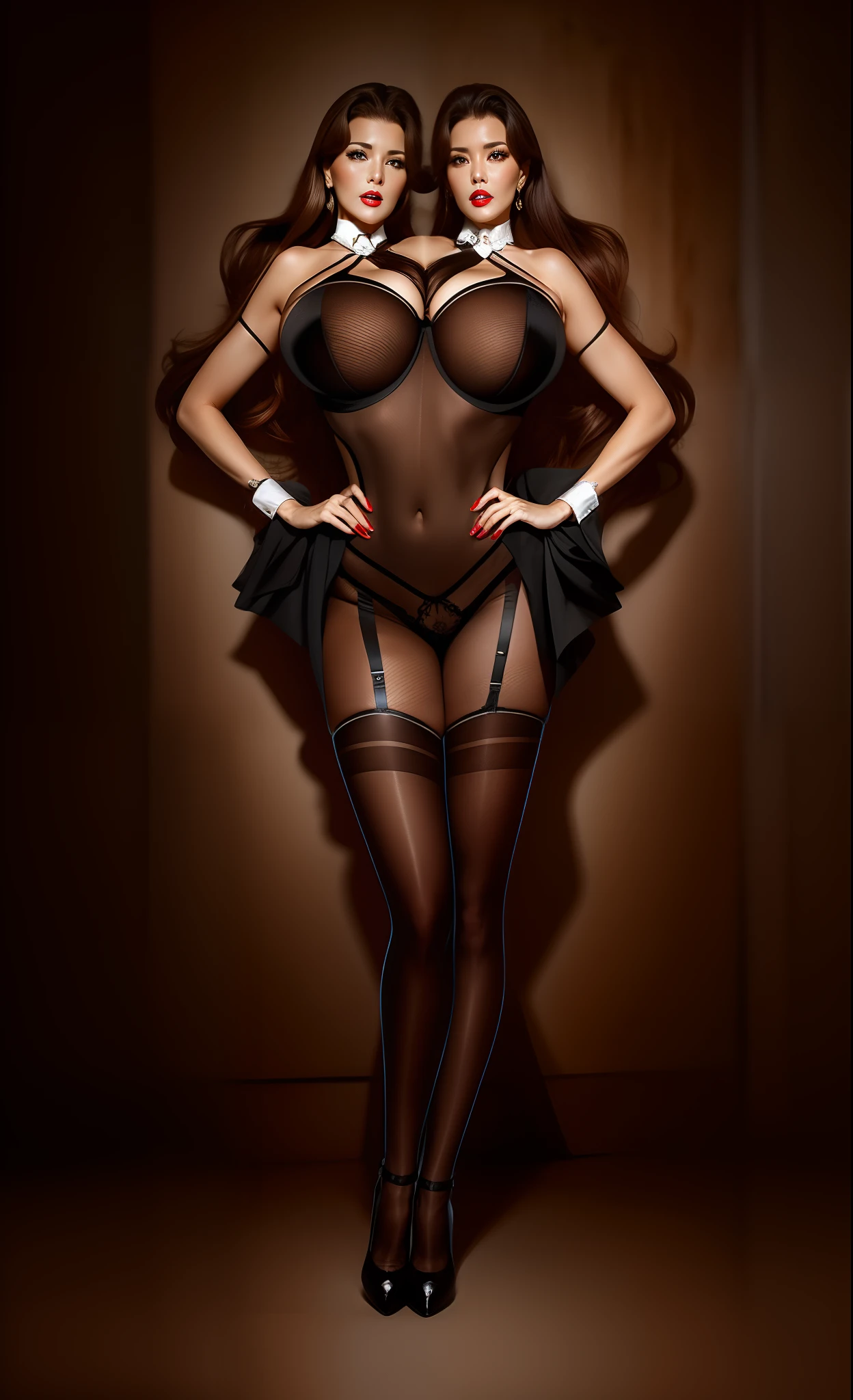 2 heads,Photo of a 50-year-old woman with brown hair, a captivating gaze, Brown eyes, Wrinkles on her face, Black pantyhose,Black High Heel Boots,She wears very sexy lingerie underwear、、Revealing her large sagging breasts, Light makeup and red lips. 32K