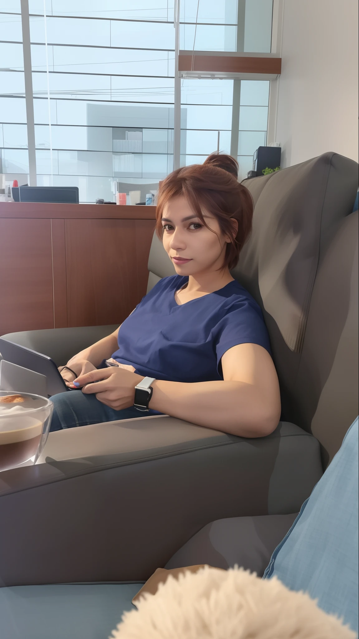 Woman sitting on a chair with a mobile phone and a cup of coffee, sitting on couch, sentado em uma poltrona, sitting on a couch, sentado em um lounge, sitting on the couch, Sentado na cadeira, seated in a couch, Assento em uma cadeira, at the sitting couch, relaxing on the couch, sitting on couch, sentado em uma poltrona