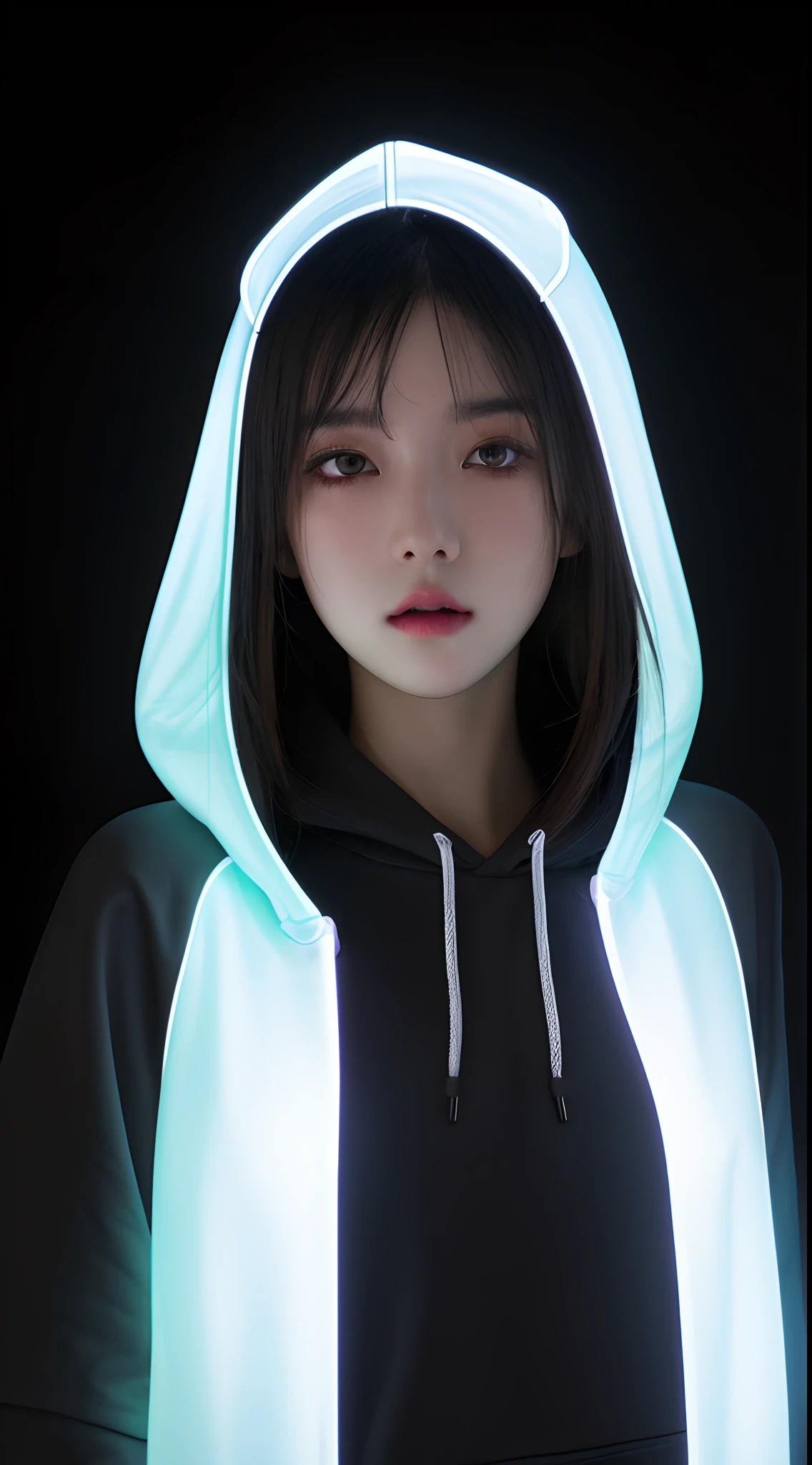 best quality,ultra-detailed,realistic,portrait, HDR, vivid colors, professional, girl model, full-length mirrored plastic hoodie, (((dark background))), white neon lights, UHD, 16k