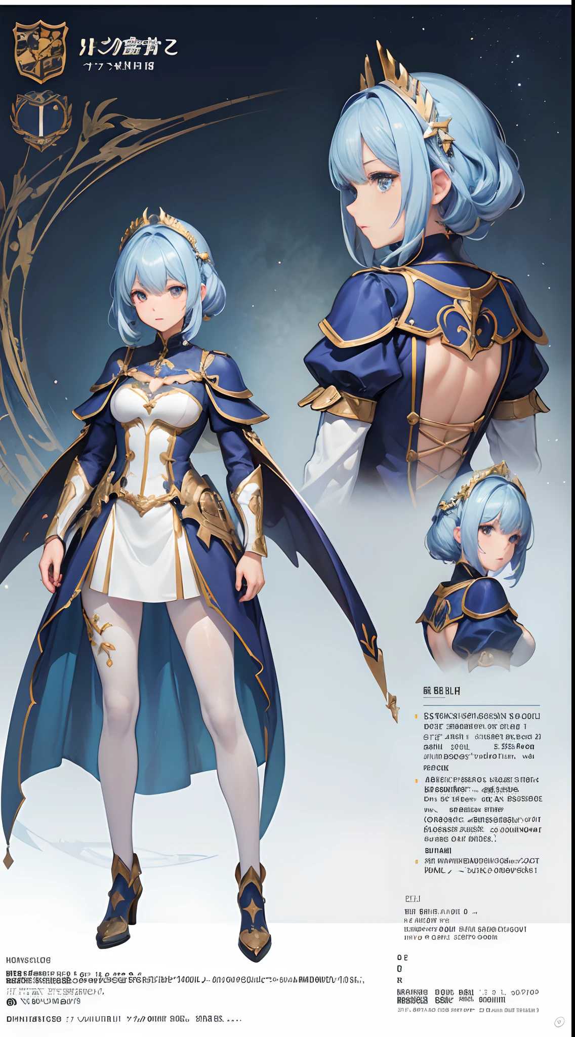 ((Masterpiece, Highest quality)), Detailed face, CharacterDesignSheet, full bodyesbian, Full of details,, Highly detailed, Depth, Many parts,Beautiful paladin girl,Holding a shield,Extremely beautiful,High Balance, Natural light, Lace,lacepantyhose,sparkling with stars,Azure hair,hentail realism, shadowing,character sheets, reference sheet, Standing painting, 8K, Super detail, 1080p, Women's HD,Slim,femele, 16k, A high resolution, Best quality, High quality, Anatomically correct, Masterpiece, ccurate, hyper HD,As graceful as a swan,unreal-engine, Ghibli-like colors, anime, Standing painting, angle of view,