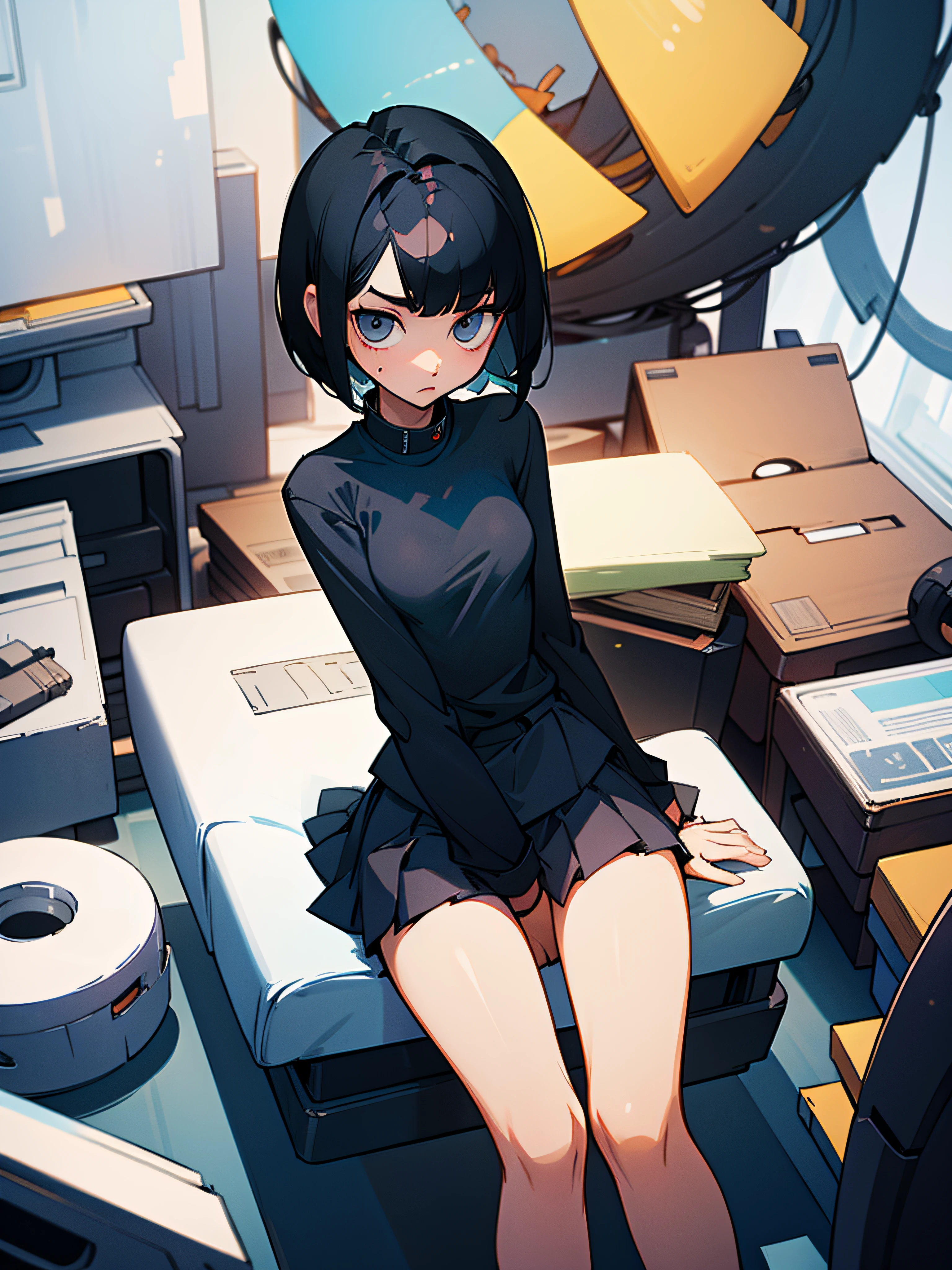 Woman with short black hair、skinny thigh、white  shirt、a miniskirt、sitting on、Cluttered room