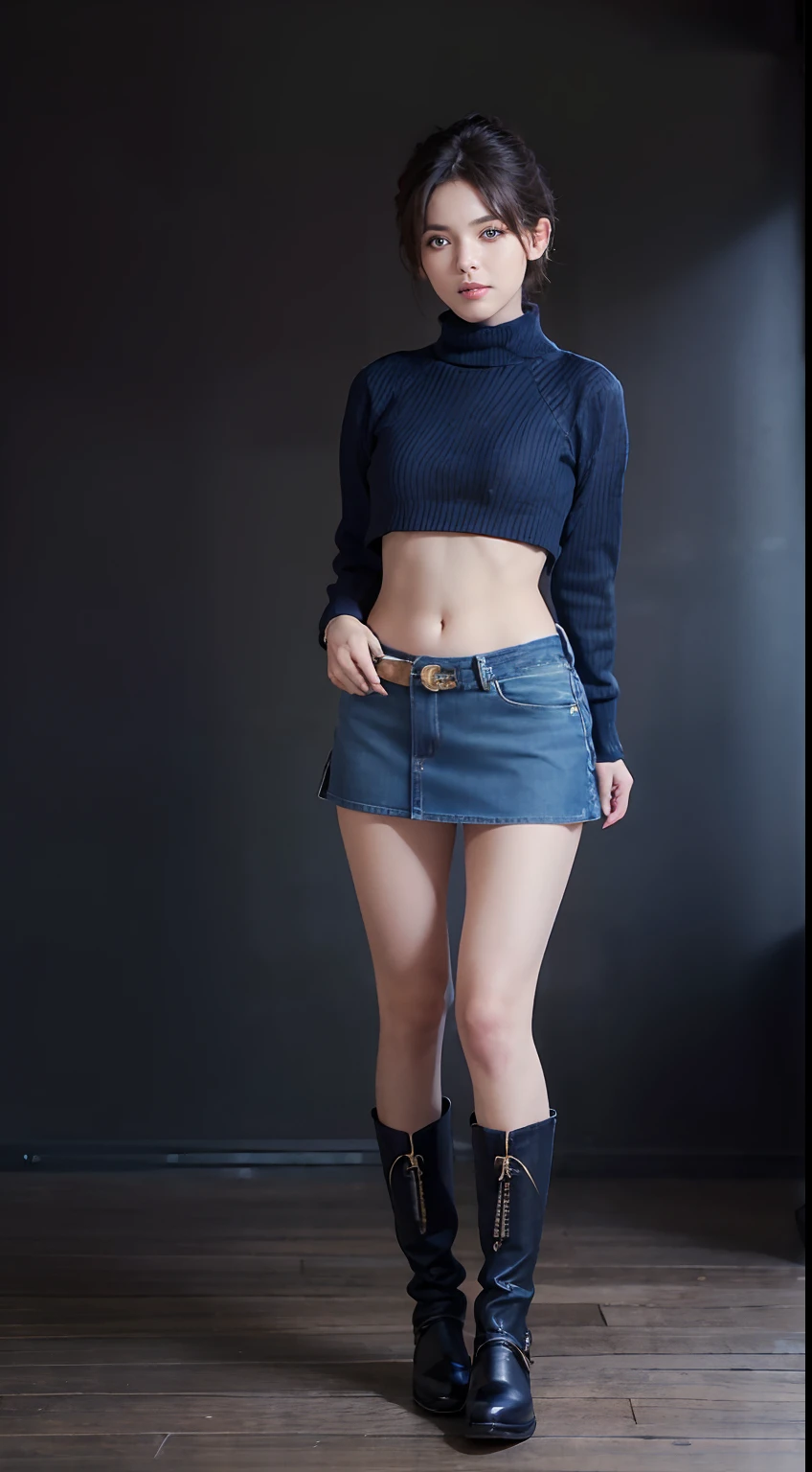 (masuter piece:1.3)、(8k、Photorealsitic、RAW Photography、top-quality: 1.4)、(1girl)、美丽的面容、(lifelike face)、(A dark-haired、short-hair:1.3)、Beautiful hairstyle、realisticeyes、Beautiful details、(real looking skin)、Beautiful skins、(Sweaters)、absurderes、enticing、超A high resolution、A hyper-realistic、high-detail、the golden ratio、((wide open abdomen))、((open abdomen))、((wide open navel))、((open navel))、((Bare belly))、((Mid-Riff Sweater))、((Mid-Riff Sweater))、((Ultra-low rise、Denim Mini Skirt))、((Ultra-low rise、Denim Mini Skirt))、((Ultra-low rise、Denim Mini Skirt))、 ((Navel Ejection))、((small hips))、((long limbs))、((Full body depiction))、((small hip))、(long boots)、((Ultra-low rise))、((Denim Mini Skirt))、((is standing))、 ((wide open abdomen))、((open abdomen))、((wide open navel))、((open navel))、((Bare belly))、((Mid-Riff Sweater))、((Ultra-low rise、Denim Mini Skirt))、 ((Navel Ejection))、((small hips))、((Full body depiction))、((small hip))、(boots)、((Ultra-low rise))、((Denim Mini Skirt))、((is standing))、