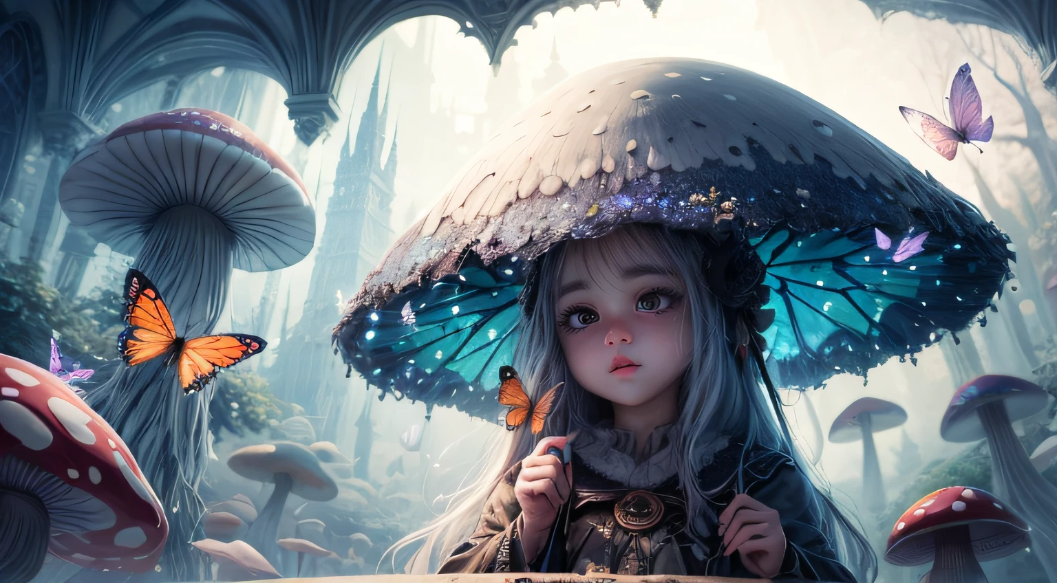 "Magical encounter, closeup young girl exploring, gigantic mushroom, ethereal butterflies, misty wonderland, enchanting details"