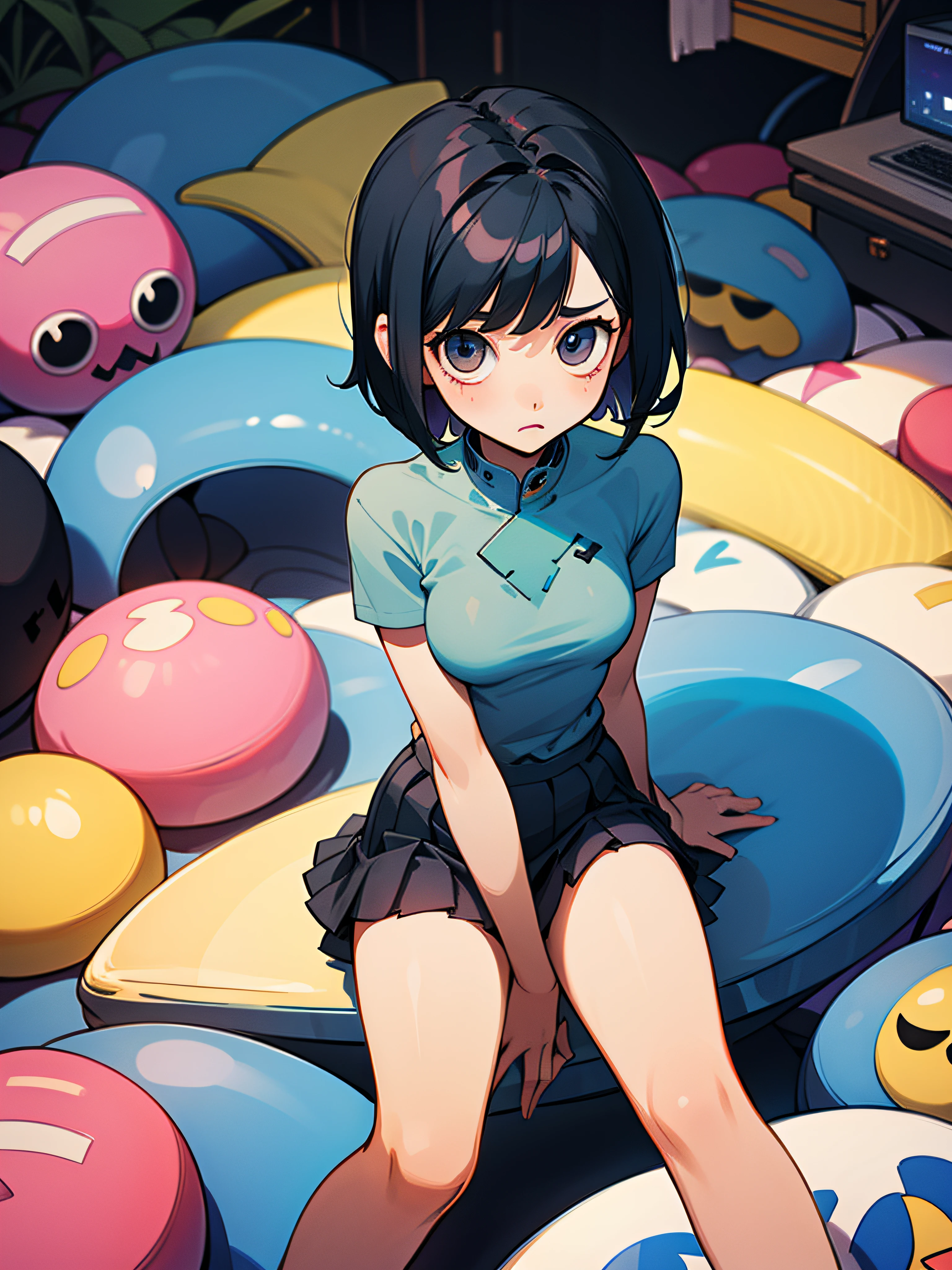 Woman with short black hair、skinny thigh、a miniskirt、sitting on、Cluttered room