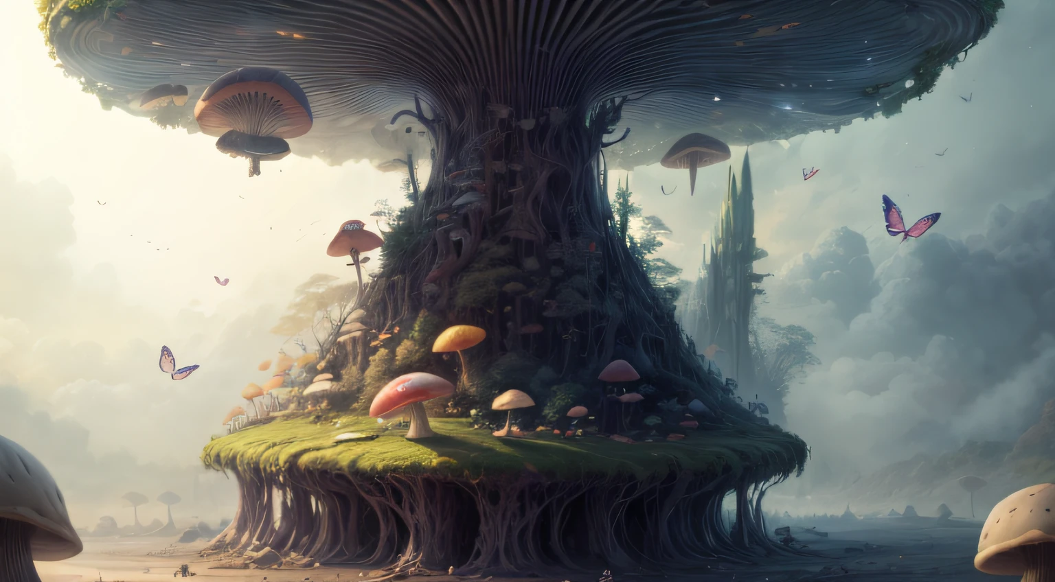 "Magical encounter, closeup young girl exploring, gigantic mushroom, ethereal butterflies, misty wonderland, enchanting details"