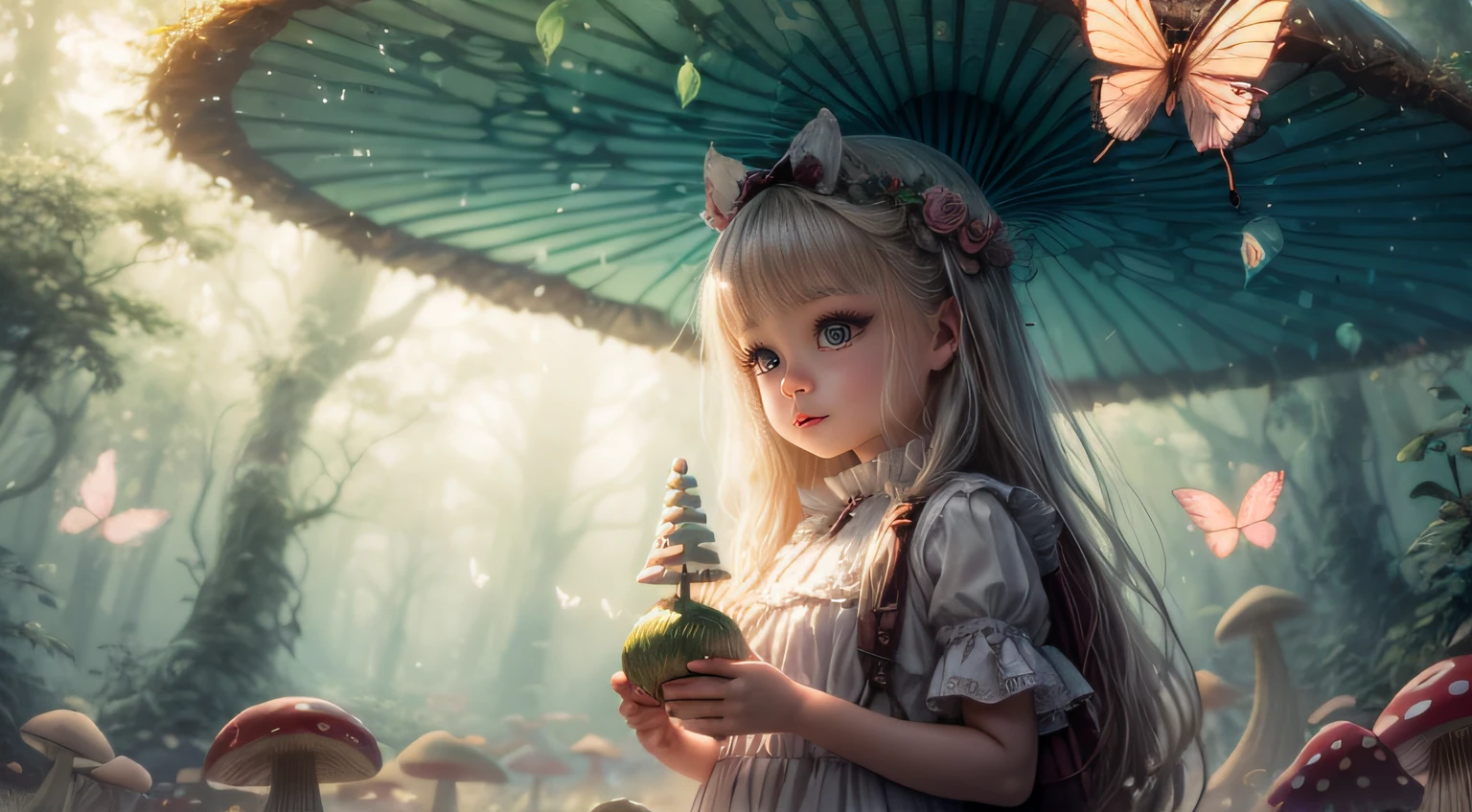 "Magical encounter, closeup young girl exploring, gigantic mushroom, ethereal butterflies, misty wonderland, enchanting details"