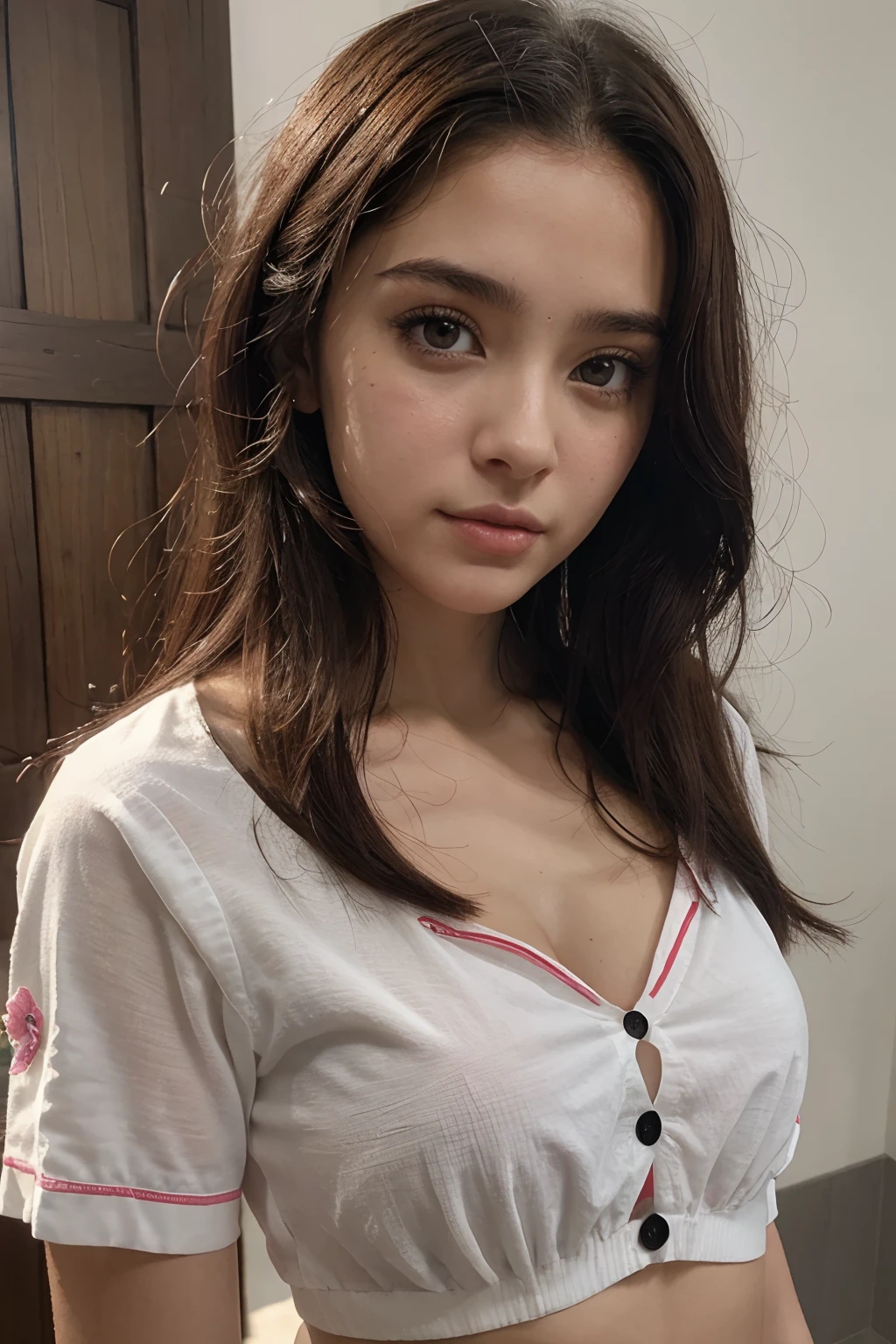 Loli menina anime, sombras realistas, pele detalhada, Seios muito pequenos, cabelos pretos, Very detailed, Rosto altamente detalhado de 8k, Formato de rosto perfeito, Perfect and complete lips, nariz perfeito, corrigir olhos bonitos, Assistindo ao espectador, camisa branca, Flores de cabelo, master part, best quality, Single Girl, no-bra, Sem calcinha, sozinho