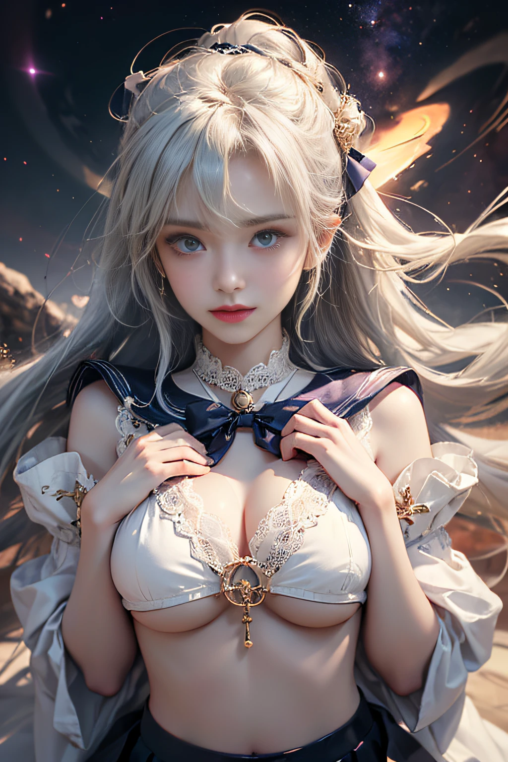 ​masterpiece、ful:1.3,realisitic、Ultra Micro Photography、top-quality、Wallpapers with extreme details CG Unity 8K、frombelow、intricate detailes、(1 rapariga)、Flowing in the wind,dynamicposes,dynamic ungle,((White sailor、Red big bow tie))、(Outline of the iris, Details of face:1.5、Bright blue eyes、Beautiful expression、beautidful eyes、shinny eyes、thin lipss:1.5、thin and sharp pale eyebrows,、long dark eyelashes、Double eyelashes、Thin, thin and muscular,,,,,,a small face、perfectly proportions、big breasts thin waist、Visible Pore、Young Face、Sad look,seducting smile、perfect hand:1.5,highly dramatic picture、Strong natural light、sunlights、exquisite lighting and shadow、((kosmos:1.3,Saturn:1.5、Saturn ring:1.5、The sanctity of destruction and birth,cosmic background、rays of moonlight、Dynamic backgrounds、细致背景)),(a sailor suit)、(skirt rift:1.8)、(​masterpiece、top-quality、hyper pretty face、write、zettai ryouiki、thighs thighs thighs thighs、see the beholder:1.4)、Super beautiful girl、gardeniass、8K、EF 50mm、Official art、Raw photo、absurderes、frombelow、is standing、(sad、angry:0.5)、 slender、Small waist、Thin arms、breasts of medium size,、face lights、Soft lighting、Warm colors、film grains、chromatic abberation、foco nítido、naturey、Frankness、extremely detailed eye and face、(、bokeh dof、blured background、White lace panties:1.2)(8K、RAW Photos、top-quality、​masterpiece:1.2)、(realisitic、Photorealsitic:1.37)、１Beautiful Japan High School Girl、perfect bodies、20yr old、Medium Boob、(Light shines on the face and chest)、(((((underboob)))))、Lower breast、Oily skin、skinny、 (Sexy uniform with a slight view of the underside of the chest)、(Visible lower milk、Uniform with navel and ribs visible)、Super Ultra Mini Skirt with visible hipbones and lower abdomen , (Nebula background), (Full body shot), 1girl in, Solo, (European youth:1),  Red sailor collar, Dark blue pleated skirt, ((Golden white hair、Straight hair,poneyTail)), (Purple eyes:1), ((White lace underwear is visible)),Beautiful face, Highly detailed face, Highly detailed eyes, highly detailedskin, Skin pores, Subsurface scattering, Realistic pupils, Full face blush, Full lips, Detailed background, depth of fields, Volume Metrics, Sharp Focus,(((posterior view))),((Looks Back))、((T-back panties are visible)),
