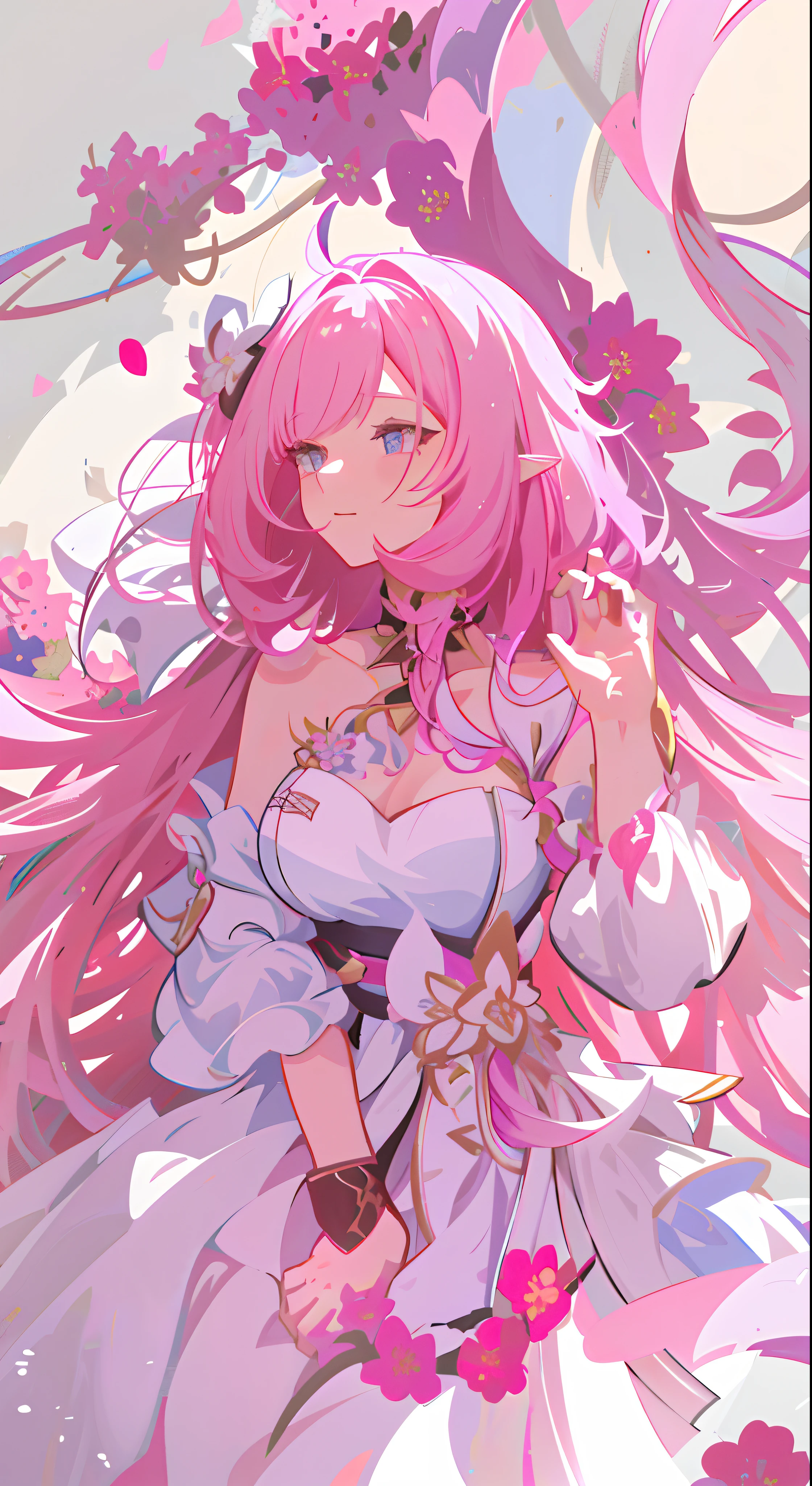 anime girl with pink hair and white dress surrounded by flowers, digital art on pixiv, beautiful anime art style, beautiful anime girl, cute anime waifu in a nice dress, sakura petals around her, zerochan art, anime artstyle, soft anime illustration, pixiv, anime art style, beautiful anime style, anime style 4 k, beautiful girl, wedding dress, elf ears, elysia, honkai impact, i love you