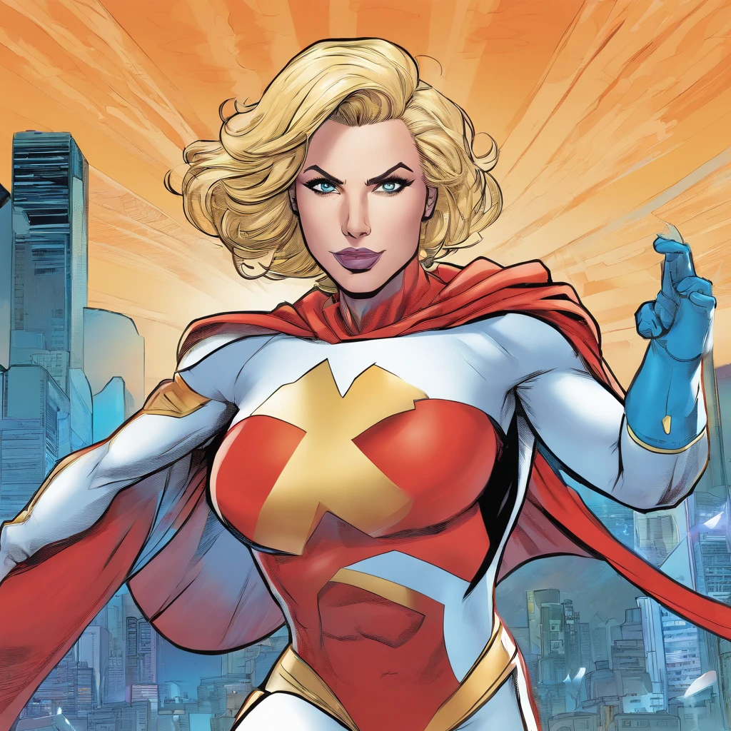 Female Omni man from invincible, short bob cut blonde hair, muscular, masterpiece, perfect eyes, wearing cape, heroic pose