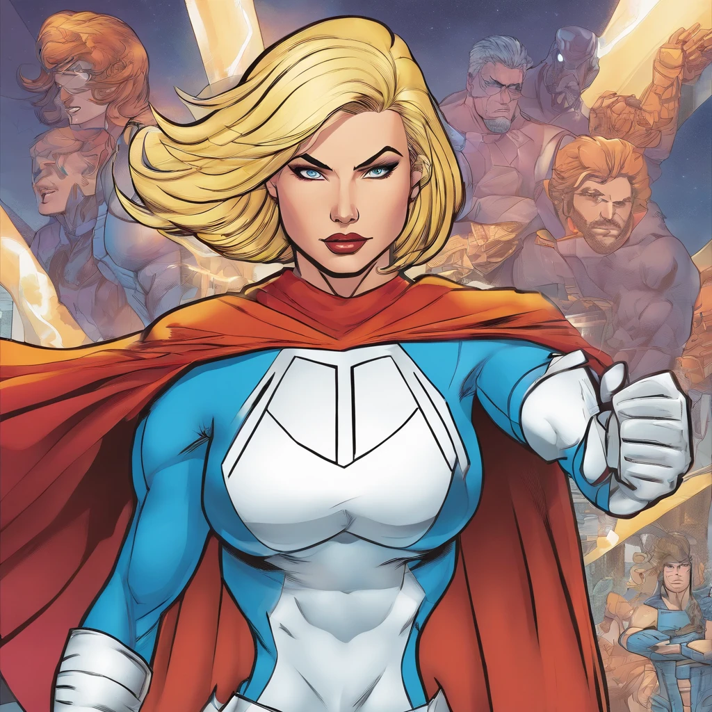  Anime style , homelander, body plus, very  long blonde hair,  angry face , medium  breasts ,hero uniform,  skirt , flying