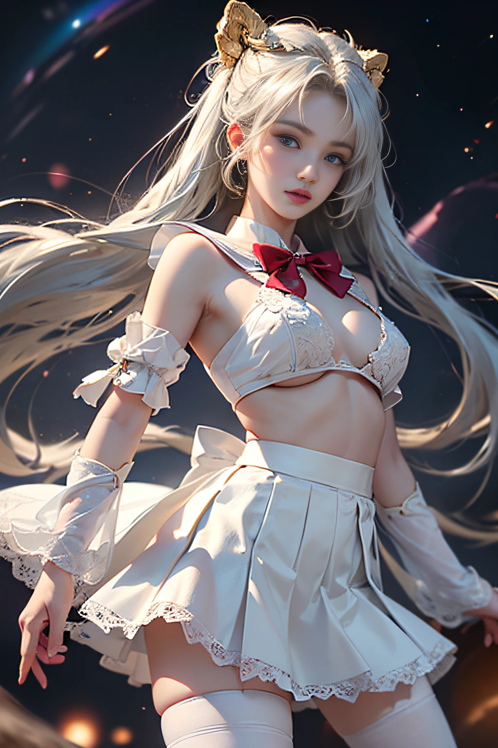 masterpiece、ful:1.3,realisitic、Ultra Micro Photography、top-quality、Wallpapers with extreme details CG Unity 8K、frombelow、intricate detailes、(1 rapariga)、Flowing in the wind,dynamicposes,dynamic ungle,((White sailor、Red big bow tie))、(Outline of the iris, Details of face:1.5、Bright blue eyes、Beautiful expression、beautidful eyes、shinny eyes、thin lipss:1.5、thin and sharp pale eyebrows,、long dark eyelashes、Double eyelashes、Thin, thin and muscular,,,,,,a small face、perfectly proportions、big breasts thin waist、Visible Pore、Young Face、Sad look,seducting smile、perfect hand:1.5,highly dramatic picture、Strong natural light、sunlights、exquisite lighting and shadow、((kosmos:1.3,Saturn:1.5、Saturn ring:1.5、The sanctity of destruction and birth,cosmic background、rays of moonlight、Dynamic backgrounds、细致背景)),(a sailor suit)、(skirt rift:1.8)、(masterpiece、top-quality、hyper pretty face、write、zettai ryouiki、thighs thighs thighs thighs、see the beholder:1.4)、Super beautiful girl、gardeniass、8K、EF 50mm、Official art、Raw photo、absurderes、frombelow、is standing、(sad、angry:0.5)、 slender、Small waist、Thin arms、breasts of medium size,、face lights、Soft lighting、Warm colors、film grains、chromatic abberation、foco nítido、naturey、Frankness、extremely detailed eye and face、(、bokeh dof、blured background、White lace panties:1.2)(8K、RAW Photos、top-quality、masterpiece:1.2)、(realisitic、Photorealsitic:1.37)、1Beautiful Japan High School Girl、perfect bodies、20yr old、Medium Boob、(Light shines on the face and chest)、(((((underboob)))))、Lower breast、Oily skin、skinny、 (Sexy uniform with a slight view of the underside of the chest)、(Visible lower milk、Uniform with navel and ribs visible)、Super Ultra Mini Skirt with visible hipbones and lower abdomen , (Nebula background), (Full body shot), 1girl in, Solo, (European youth:1), Red sailor collar, Dark blue pleated skirt, ((Golden white hair、Straight hair,poneyTail)), (Purple eyes:1), ((White lace underwear is visible)),Beautiful face, Highly detailed face, Highly detailed eyes, highly detailedskin, Skin pores, Subsurface scattering, Realistic pupils, Full face blush, Full lips, Detailed background, depth of fields, Volume Metrics, Sharp Focus,(((posterior view))),((Looks Back))、((T-back panties are visible)),
