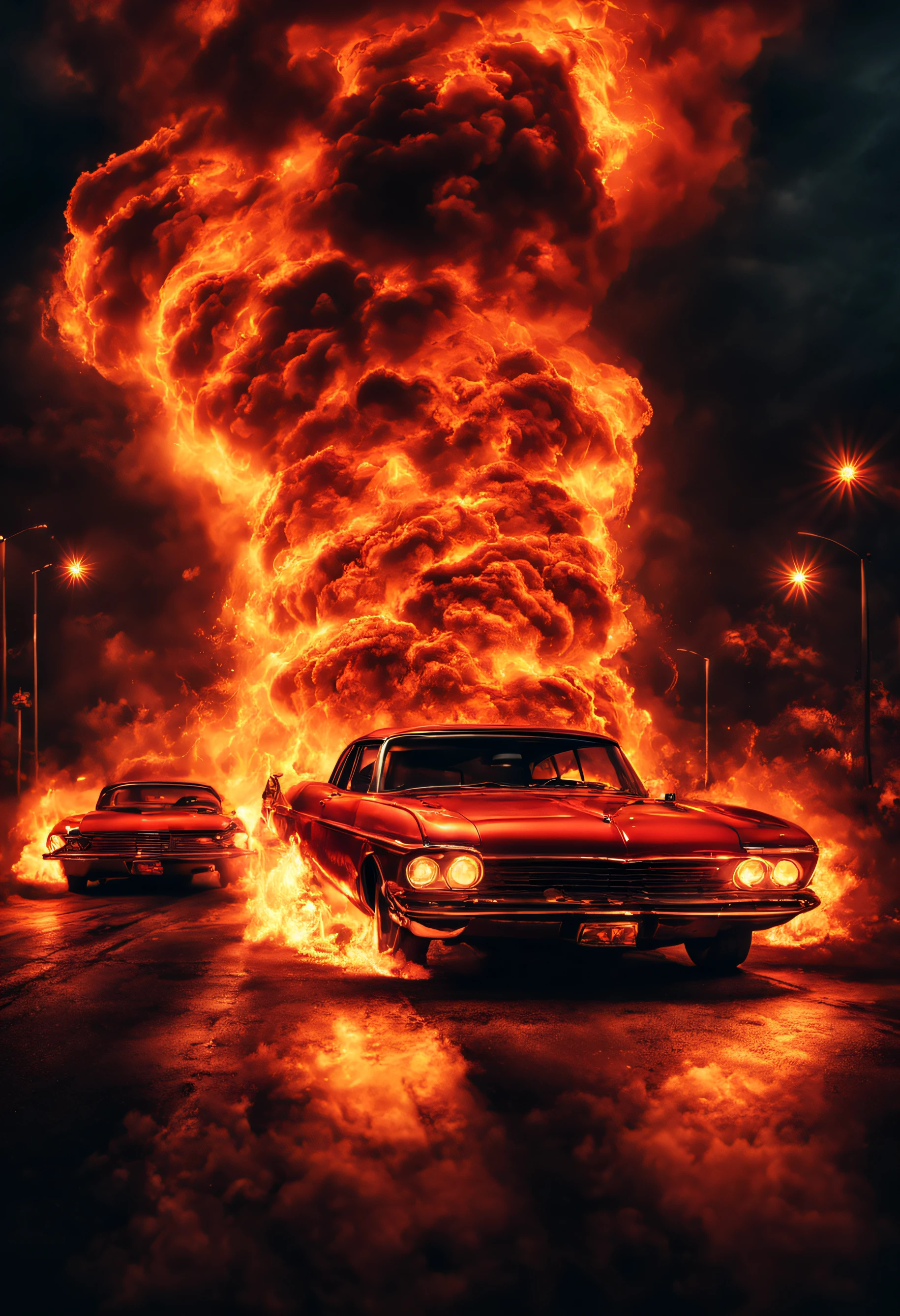 fire and flames and smoke movie poster background, cars engulfed in flames , some cars have their headlights on, red emergency light flashing overlay, flames, night sky, gothic art, depth of field, vignetting, panorama, wide shot, Wide-Angle, high details, masterpiece