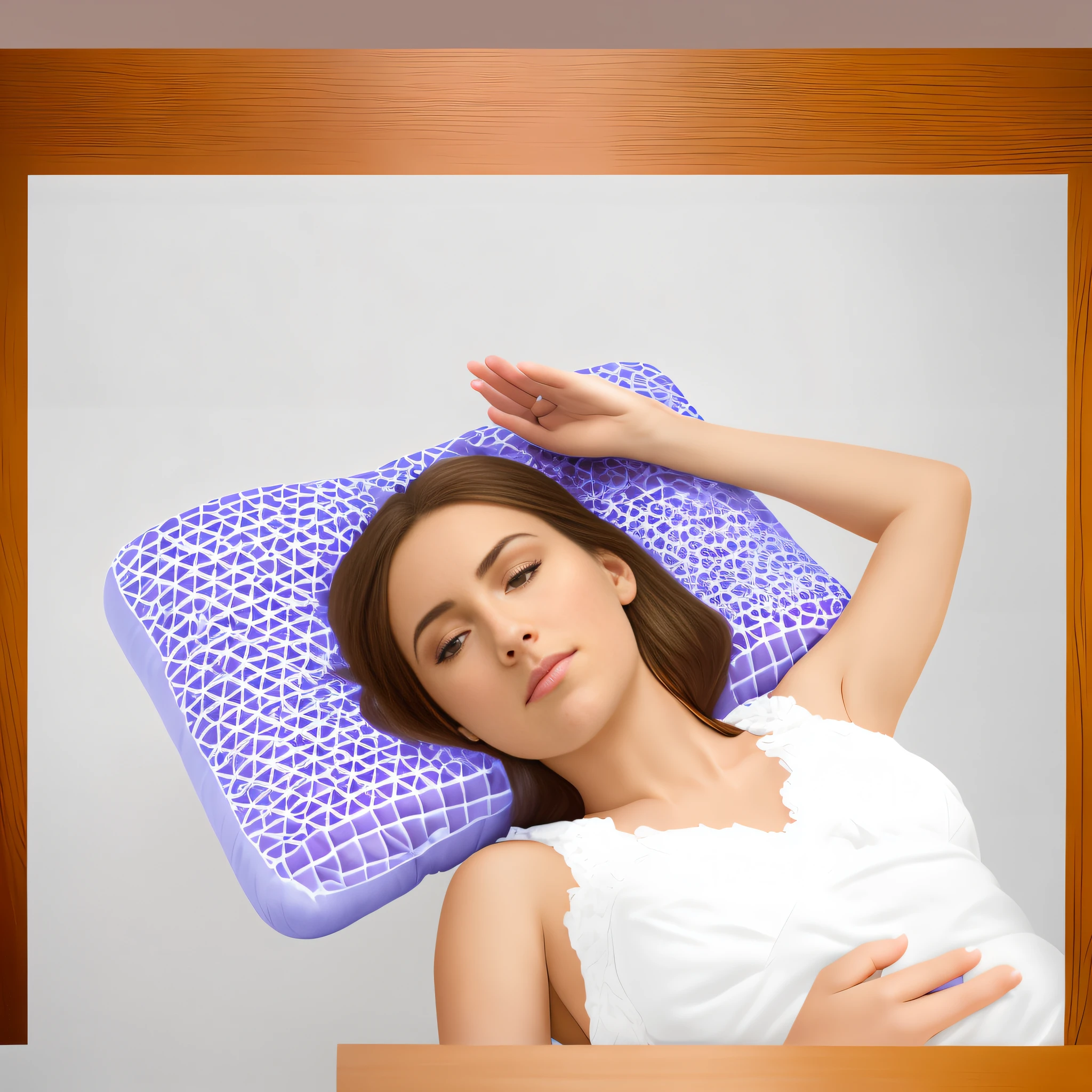 There was a woman lying on a pillow on the bed, Back against the pillow, last photo, Clear detail, in the background, calm feeling, Edited, sleep, soft - warm, crystal, lie on pillows, composite, By senior artists, Taylor Swift is made of purple ice, vivd details, still photo, realistic lens, advertising photograph, advertisement picture