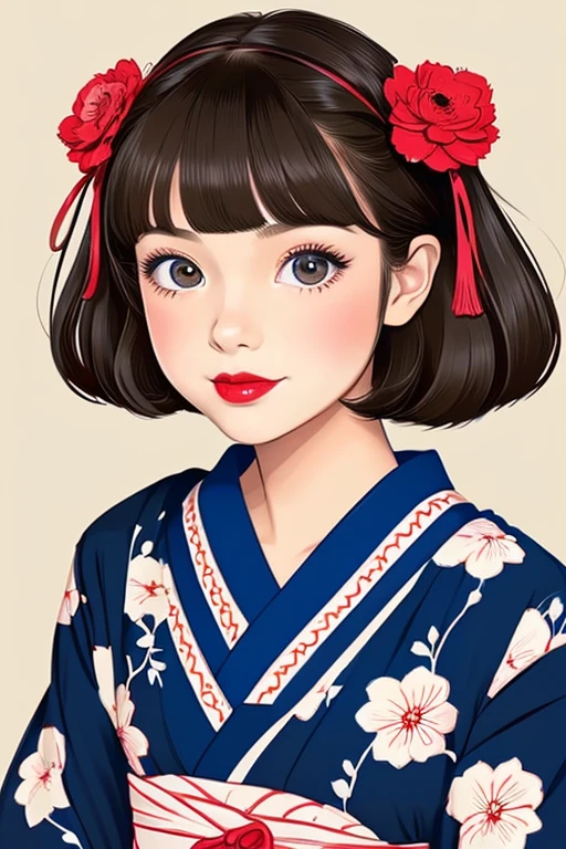 ((Full body portrait))((illustratio:1.3))、Hand-drawn illustration taste、A detailed eye,are delicately depicted、e 14 rl in cute Japan kimono costume、Dark hair、red lipsticks、Blue eyes、Hairstyle is a bob cut、2D