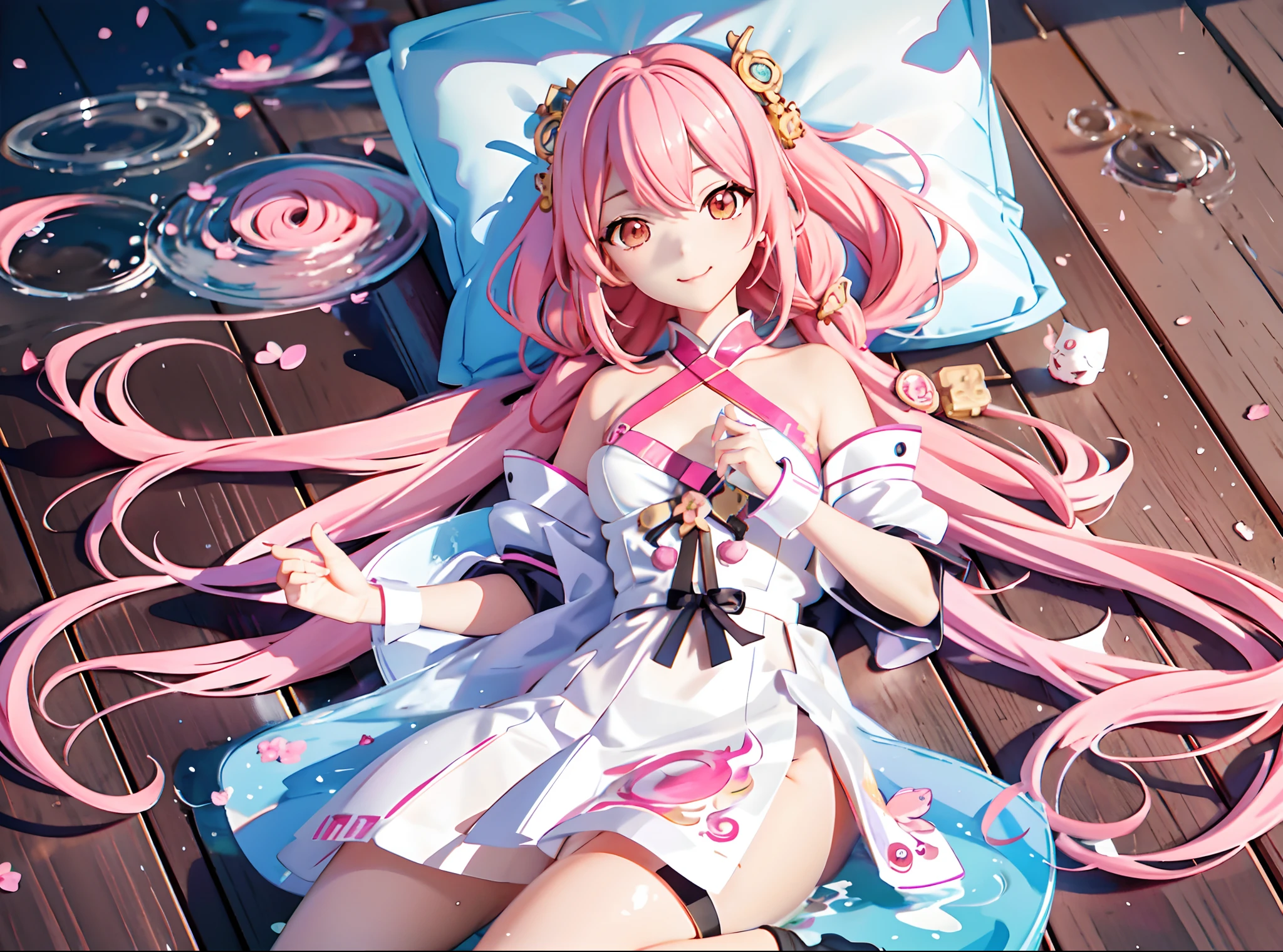 anime girl with pink hair laying on a wooden deck, artwork in the style of guweiz, soft anime illustration, cute character, kawaii realistic portrait, guweiz on pixiv artstation, cute detailed digital art, little shy smile, guweiz on artstation pixiv, cute anime girl, splash art anime li, adorable digital painting