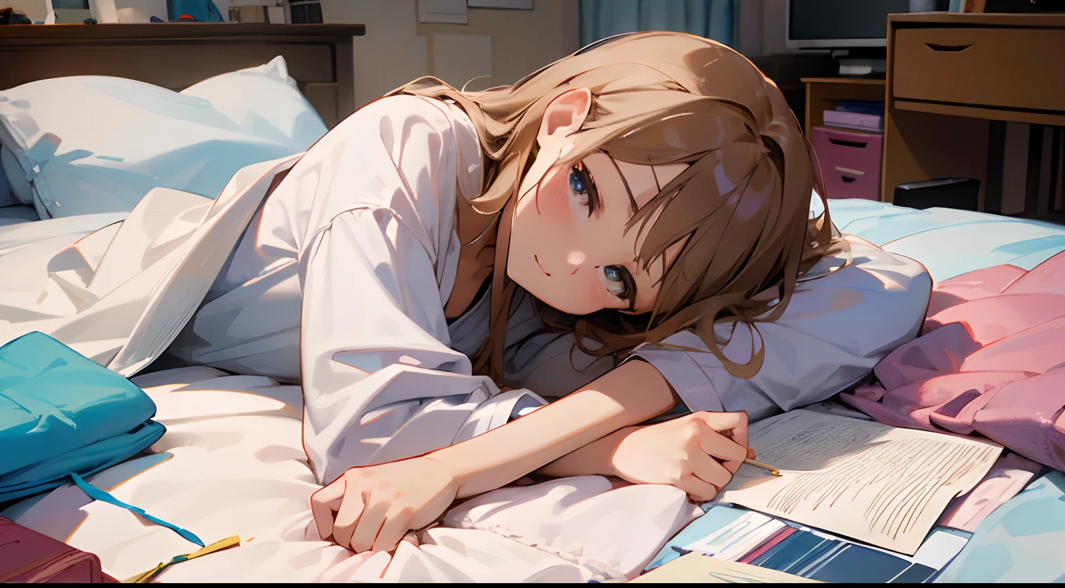 High-definition images、messy room、desk、The table、a bed、Woman lying on bed、Wrapped in a towelette、A little toss-up。
