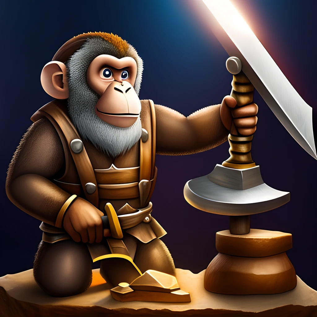 monkey blacksmith, fantasy , holding a hammer, improved hammer, working in a anvil, forging a sword, no background, solid color background