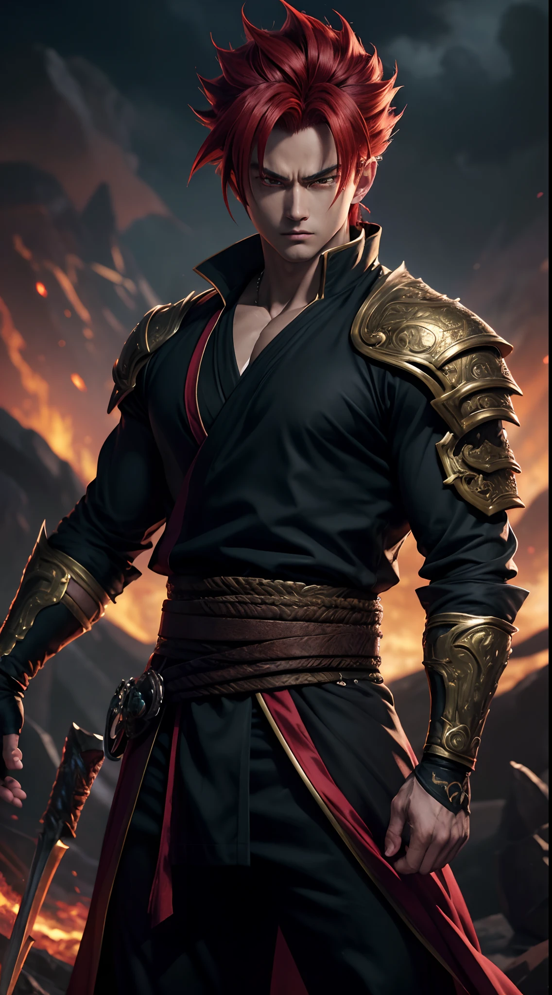 sexy man, handsome face holding a fire sword