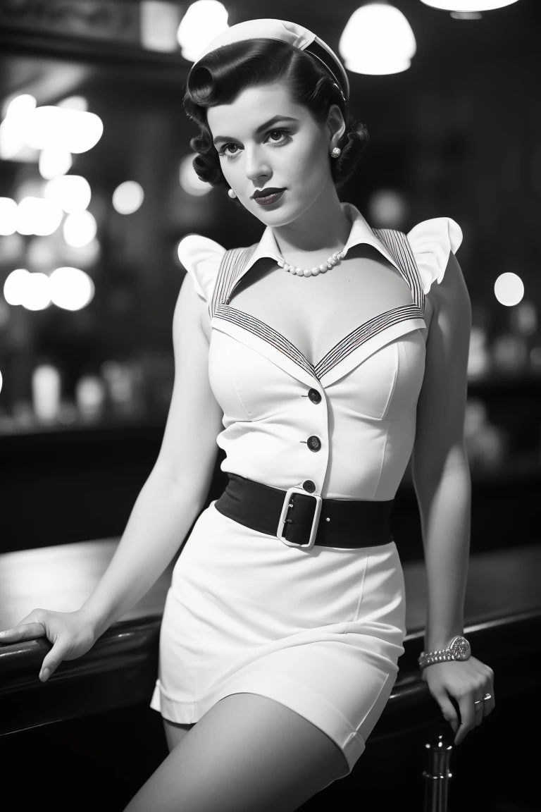 full body portrait of Betty (styled in a 1940's, Sailor Dress, highly detailed:1.3), (highly detailed face:1.8), (1940's Pompadour Hairstyle:1.3), (slim body, small breasts, small hips:1.5), (leaning back on the bar:1.5), (background inside a dark, old, 1940's big-band bar:1.4), (soft studio lighting, volumetric shadows), JCH Street Pan, ISO 100