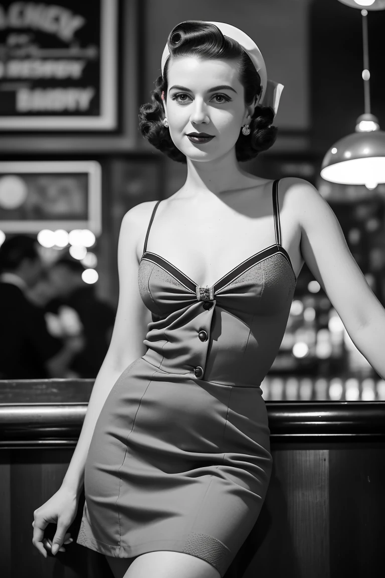 woman posing for a photo, (wearing flapper_dress:1.3), smile,
good hand,4k, high-res, masterpiece, best quality, head:1.3,((Hasselblad photography)), finely detailed skin, sharp focus, (cinematic lighting), collarbone, night, soft lighting, dynamic angle, [:(detailed face:1.2):0.2],(1920s bar), L0uise, black and white photography