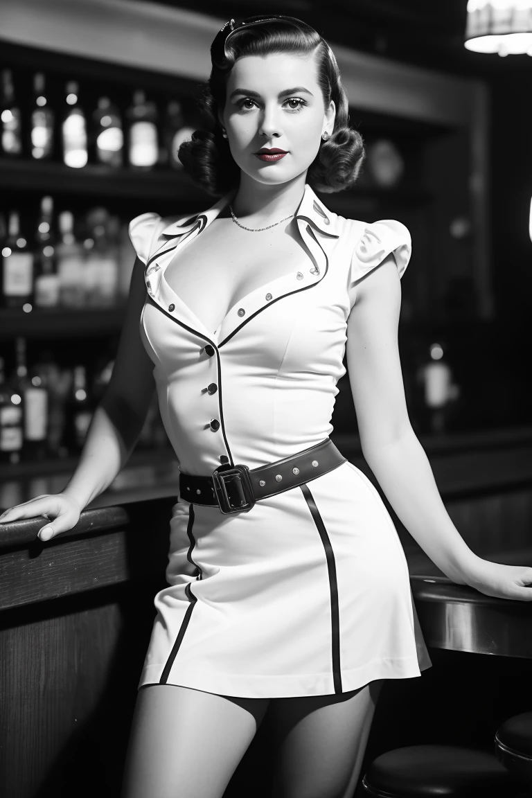 full body portrait of Betty (styled in a 1940's, Sailor Dress, highly detailed:1.3), (highly detailed face:1.8), (1940's Pompadour Hairstyle:1.3), (slim body, small breasts, small hips:1.5), (leaning back on the bar:1.5), (background inside a dark, old, 1940's big-band bar:1.4), (soft studio lighting, volumetric shadows), JCH Street Pan, ISO 100