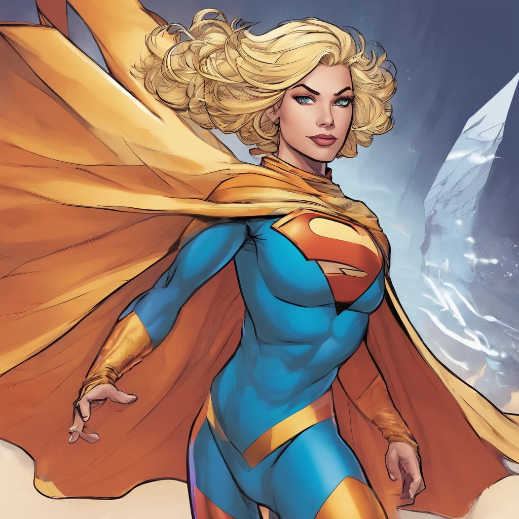 Female Omni man from invincible, short bob cut blonde hair, muscular, masterpiece, perfect eyes, wearing cape, heroic pose