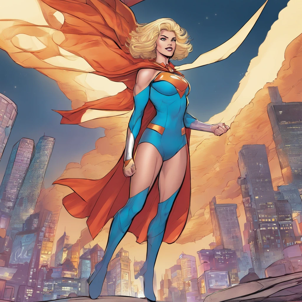 female Omni-Man from Invincible,muscular,short bob-cut blonde hair,(perfect eyes),(masterpiece:1.2),(heroic pose),(wearing cape),(detailed facial features), (sharp focus),vivid colors,studio lighting,(physically-based rendering),superhero,action-packed scene,city skyline in the background,flying in the air,debris and dust particles, (ultra-detailed),(realistic),(HDR),(extreme detail description),powerful expression,confident stance,devastation and destruction,sunlight shining through the clouds,dynamic composition, (highres,4k),intense energy emanating from the character