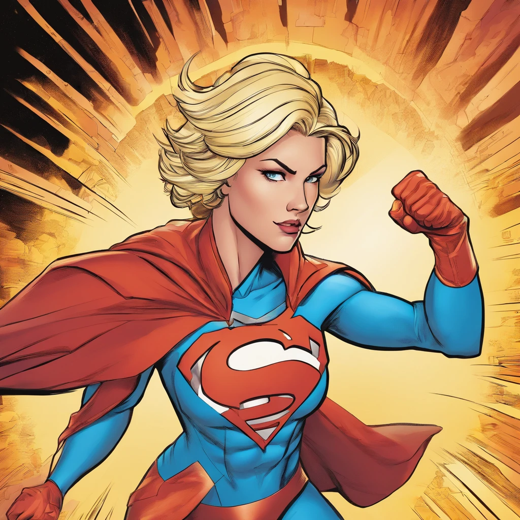 female Omni-Man from Invincible,muscular,short bob-cut blonde hair,(perfect eyes),(masterpiece:1.2),(heroic pose),(wearing cape),(detailed facial features), (sharp focus),vivid colors,studio lighting,(physically-based rendering),superhero,action-packed scene,city skyline in the background,flying in the air,debris and dust particles, (ultra-detailed),(realistic),(HDR),(extreme detail description),powerful expression,confident stance,devastation and destruction,sunlight shining through the clouds,dynamic composition, (highres,4k),intense energy emanating from the character