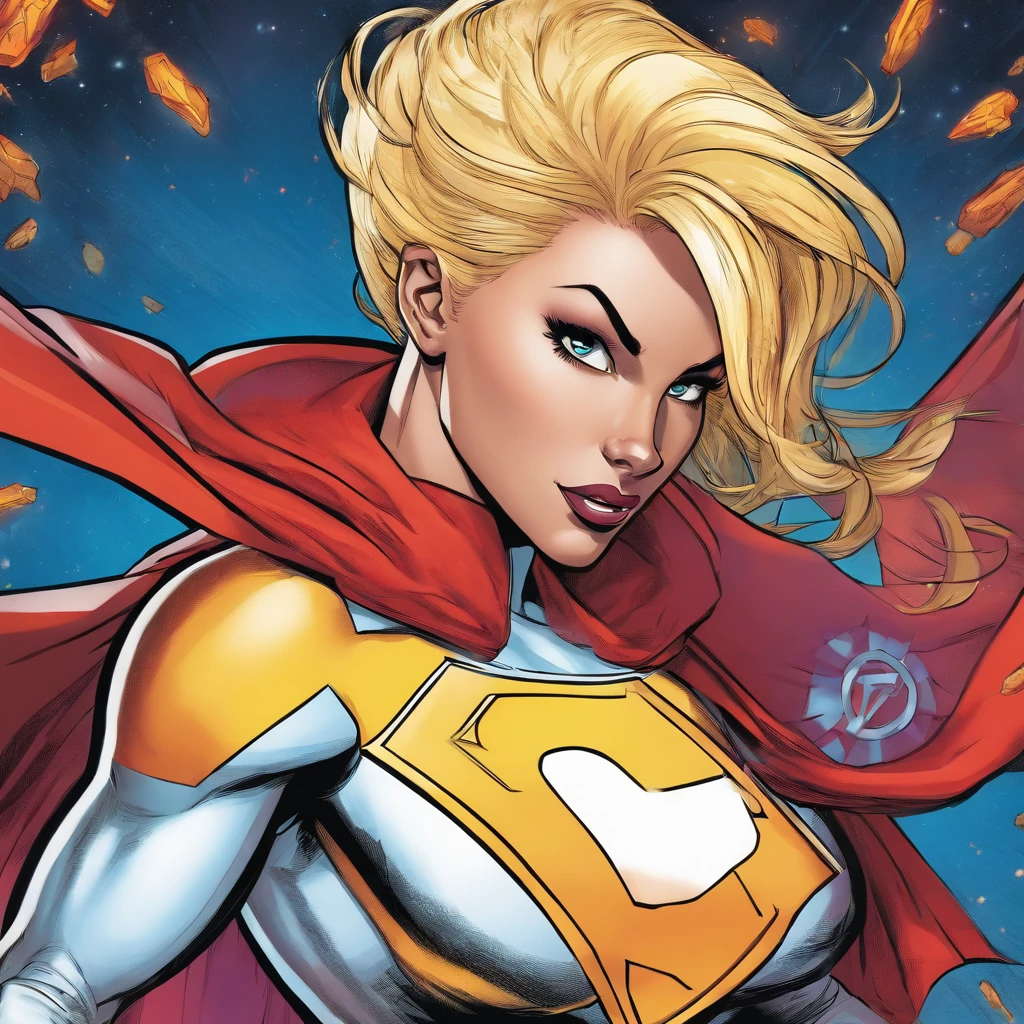 Female Omni man from invincible, short bob cut blonde hair, muscular, masterpiece, perfect eyes, wearing cape, heroic pose