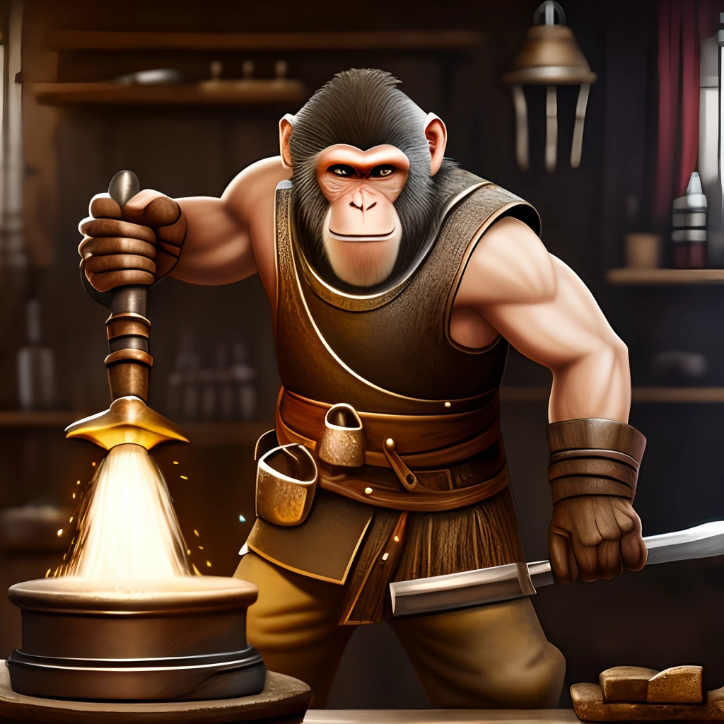 monkey blacksmith, fantasy , holding a hammer, improved hammer, working in a anvil, forging a sword, no background, solid color background