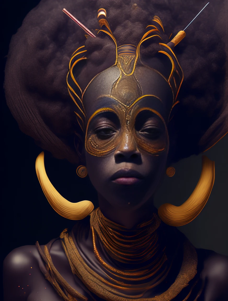Obaluayê the African orisha wearing a detailed and intricate ade, god of health, face covered with straws, penetrating gaze, cosmic god, astrophotography