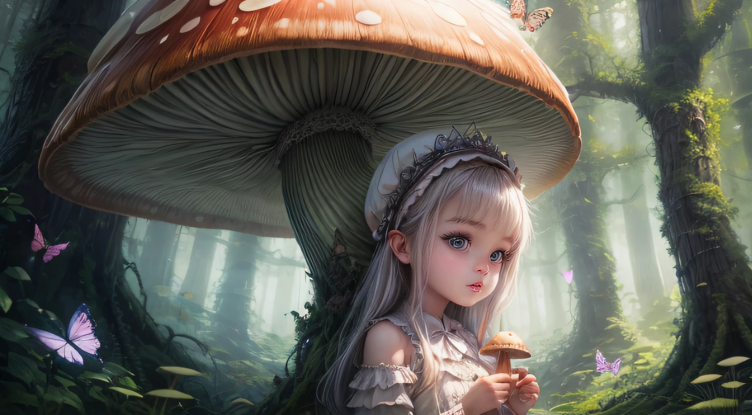 "Magical encounter, closeup young girl exploring, gigantic mushroom, ethereal butterflies, misty wonderland, enchanting details"