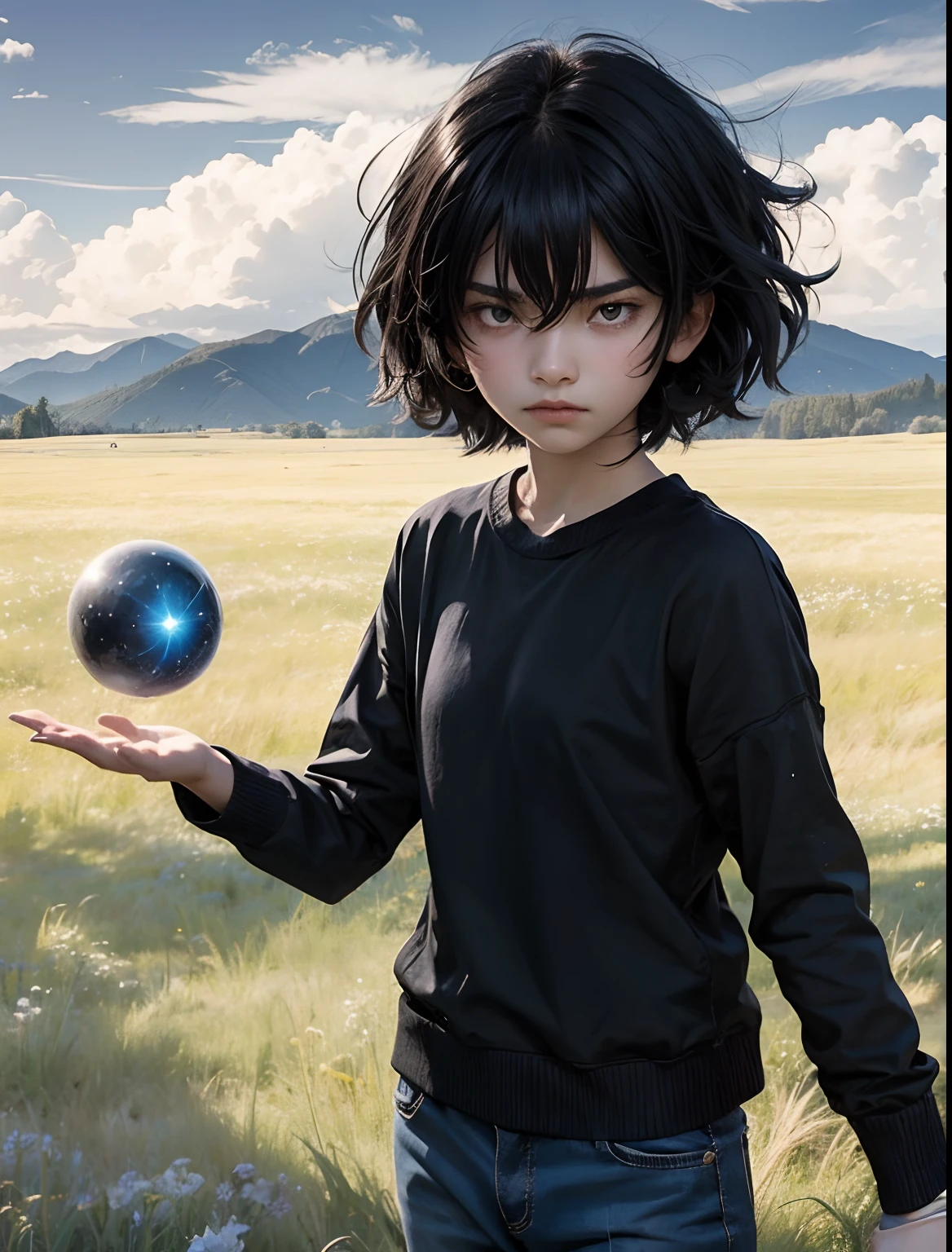 A beautiful boy holds her palm facing the camera, trying to use telekinesis. Fifteen years old. Black hair. modern clothing. She is standing in the meadow. An angry look.